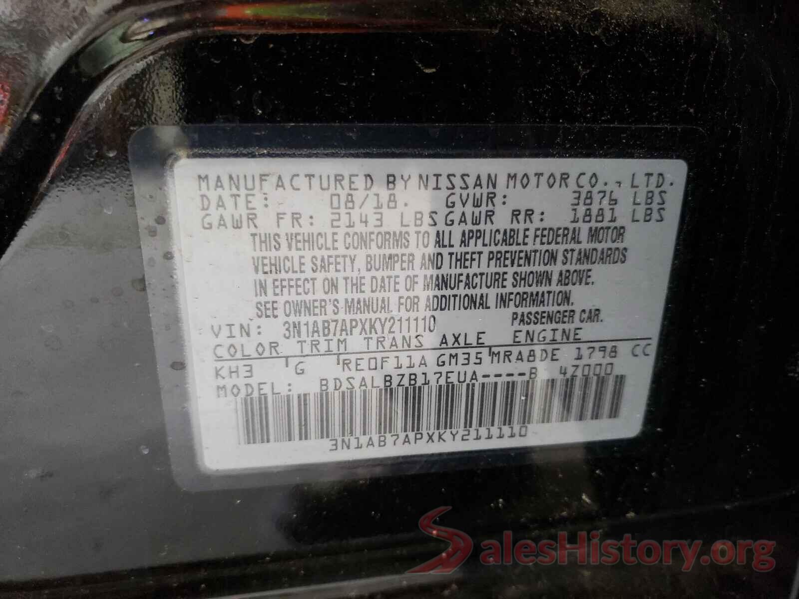 3N1AB7APXKY211110 2019 NISSAN SENTRA