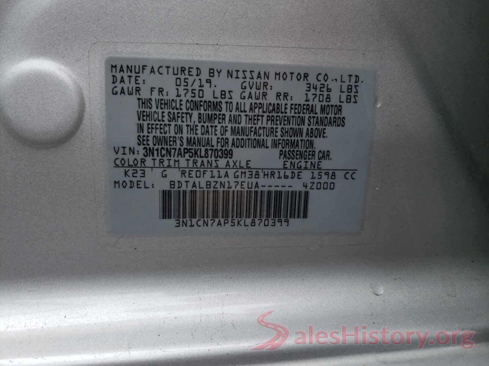 3N1CN7AP5KL870399 2019 NISSAN VERSA