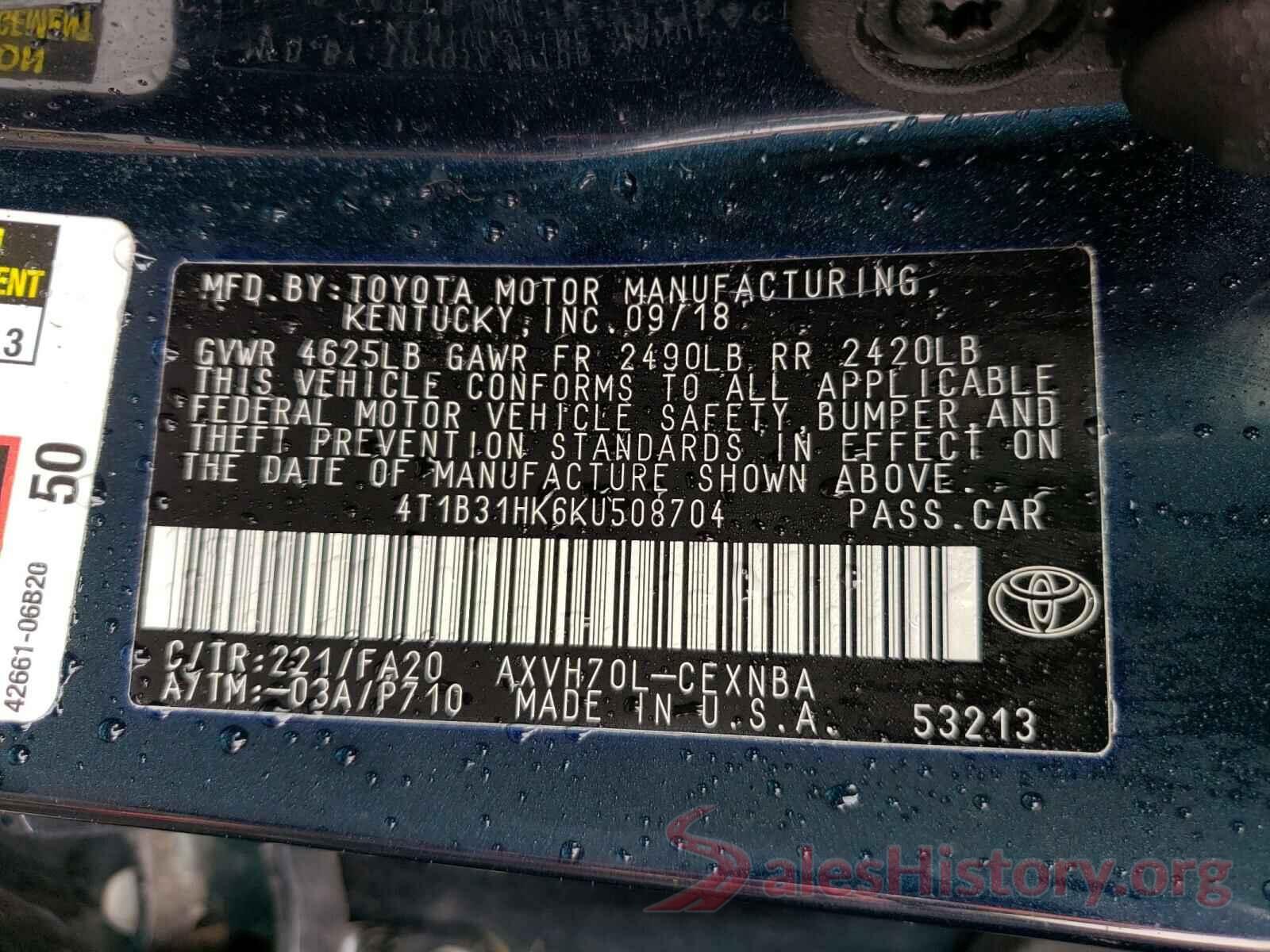 4T1B31HK6KU508704 2019 TOYOTA CAMRY