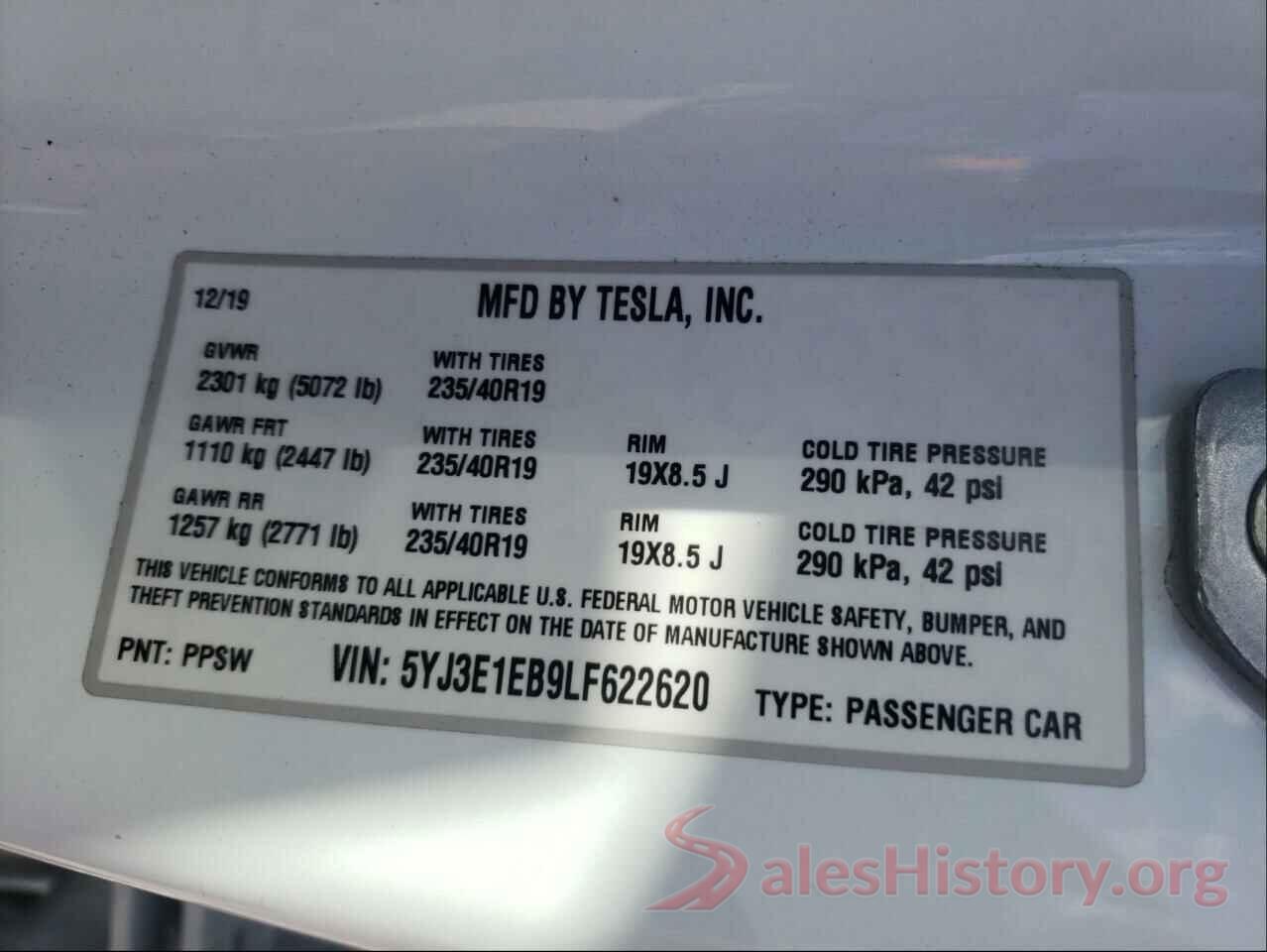 5YJ3E1EB9LF622620 2020 TESLA MODEL 3