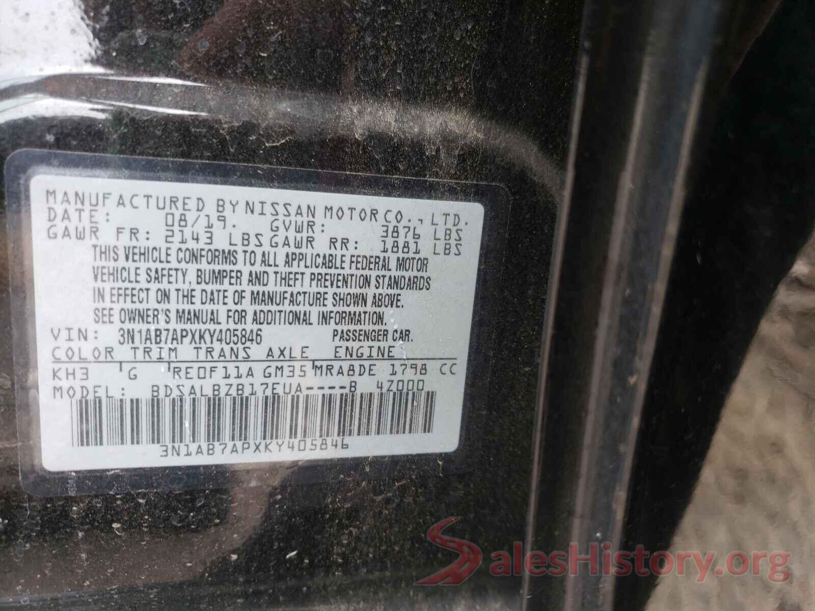 3N1AB7APXKY405846 2019 NISSAN SENTRA