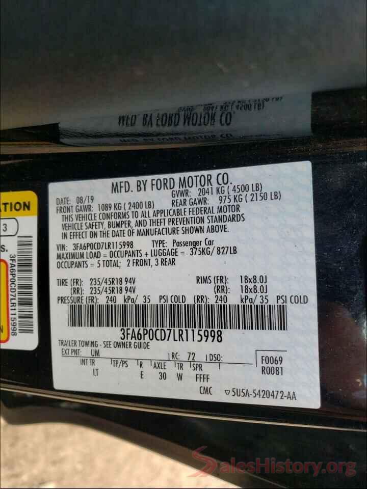 3FA6P0CD7LR115998 2020 FORD FUSION