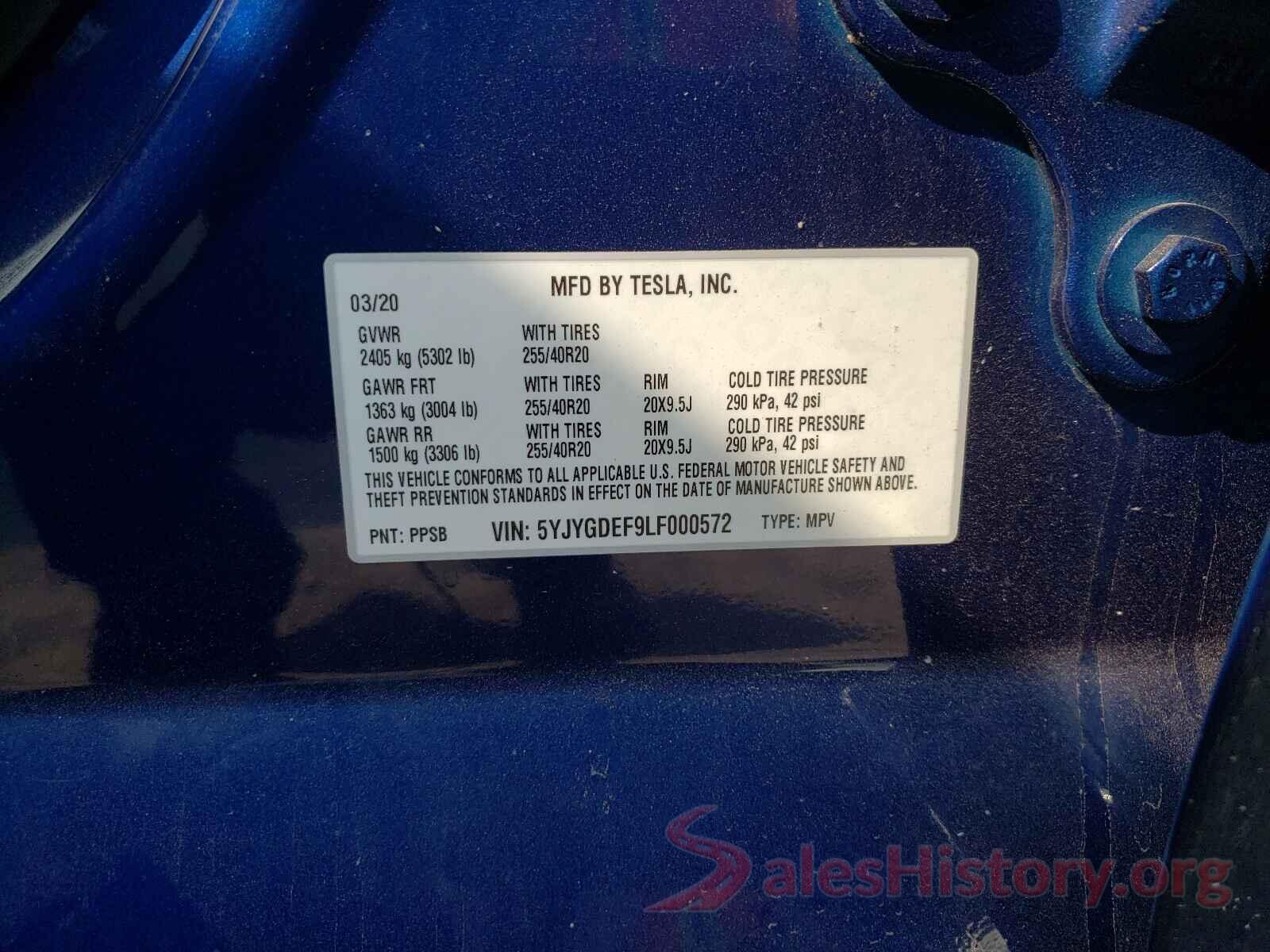 5YJYGDEF9LF000572 2020 TESLA MODEL Y