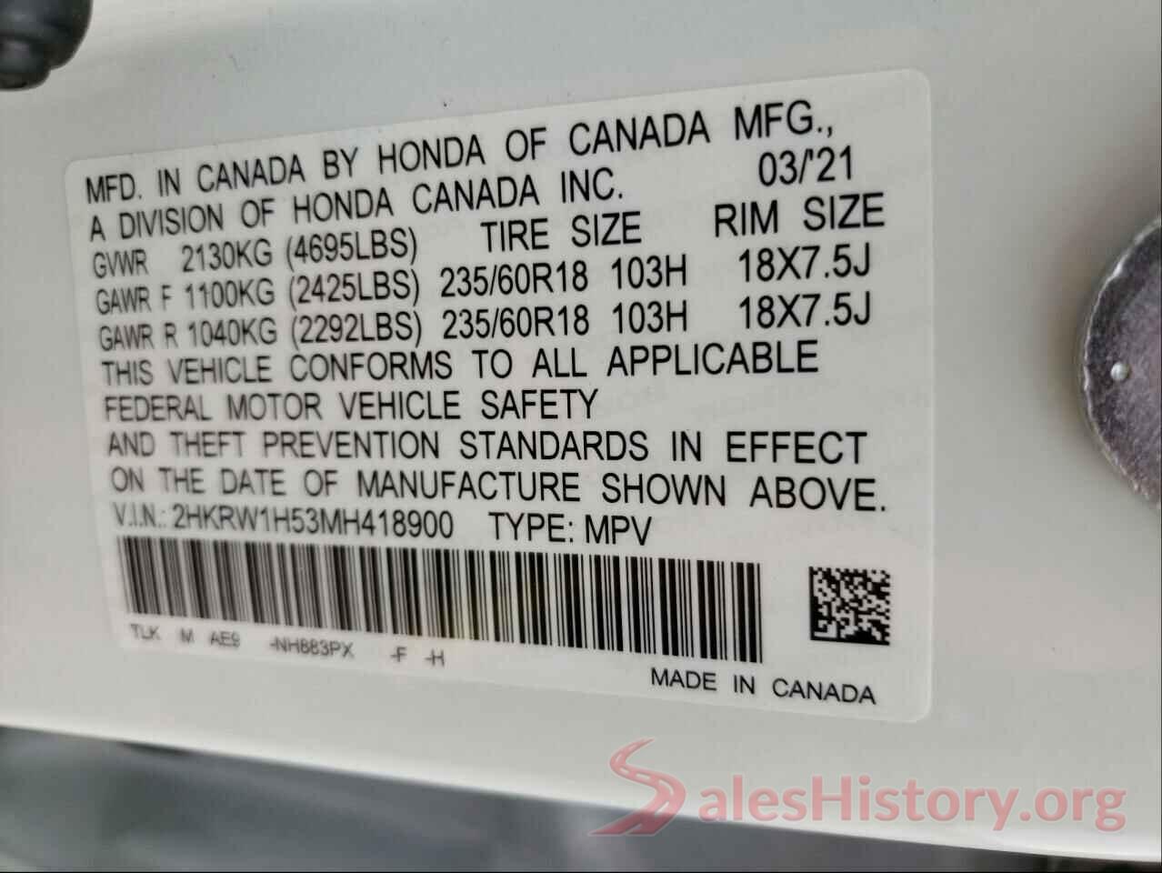 2HKRW1H53MH418900 2021 HONDA CRV