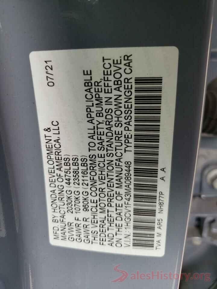 1HGCV1F43MA089448 2021 HONDA ACCORD