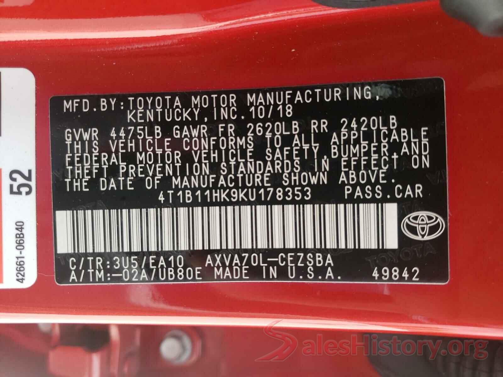 4T1B11HK9KU178353 2019 TOYOTA CAMRY