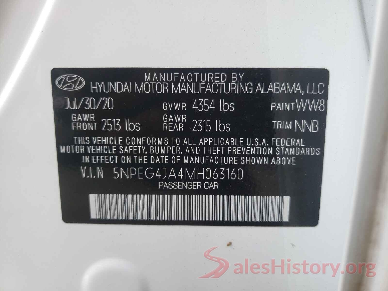 5NPEG4JA4MH063160 2021 HYUNDAI SONATA