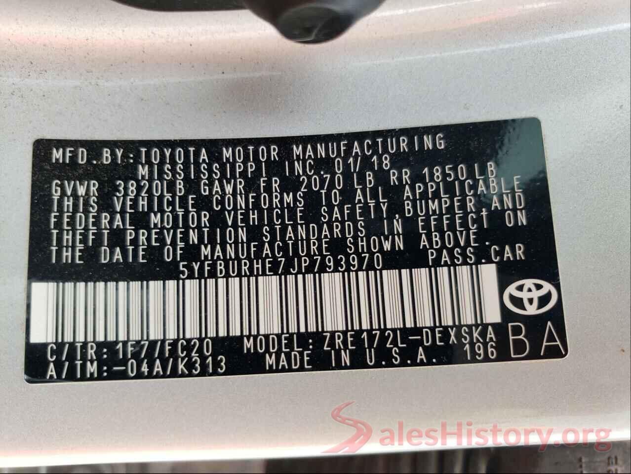 5YFBURHE7JP793970 2018 TOYOTA COROLLA