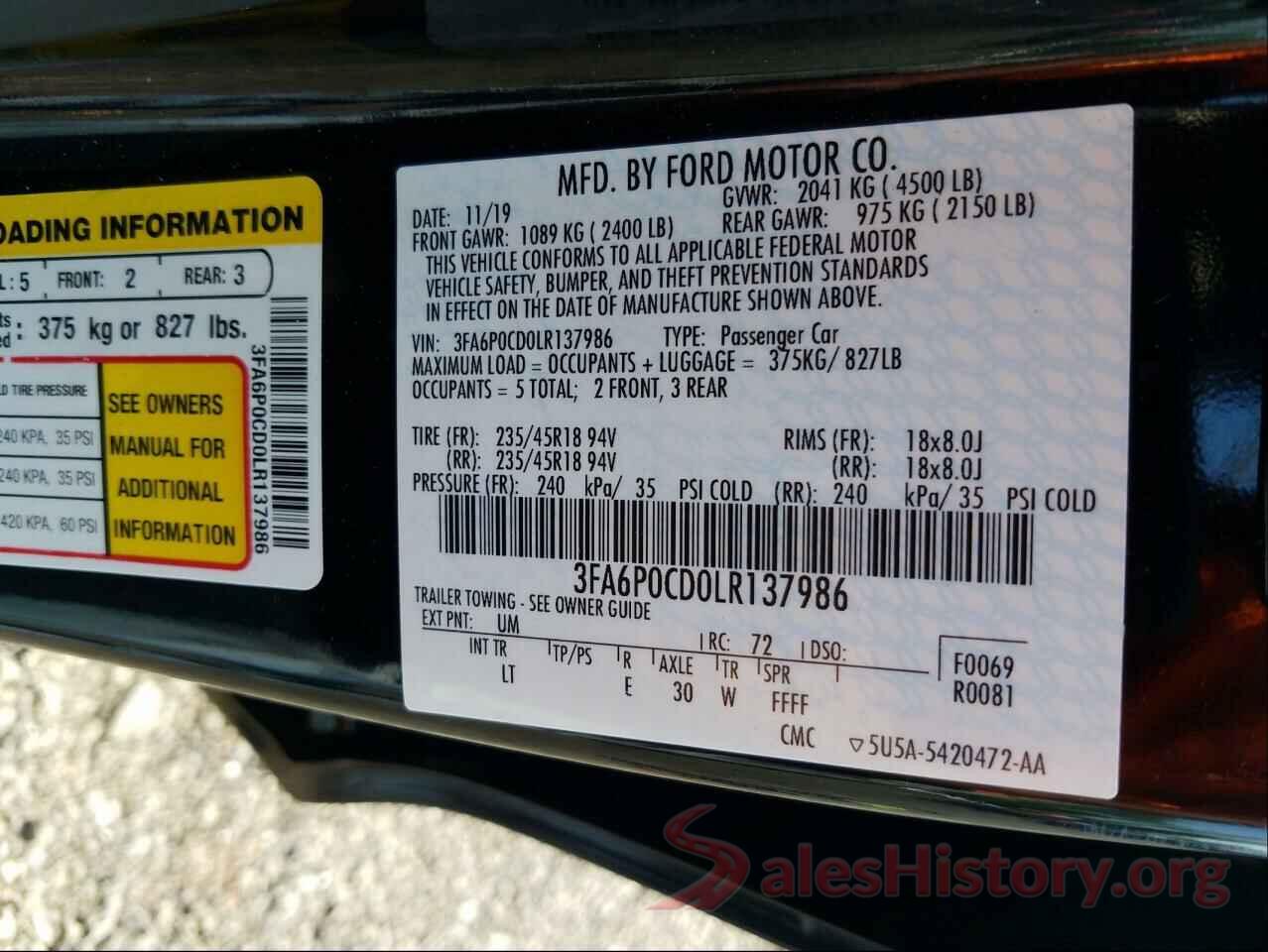 3FA6P0CD0LR137986 2020 FORD FUSION