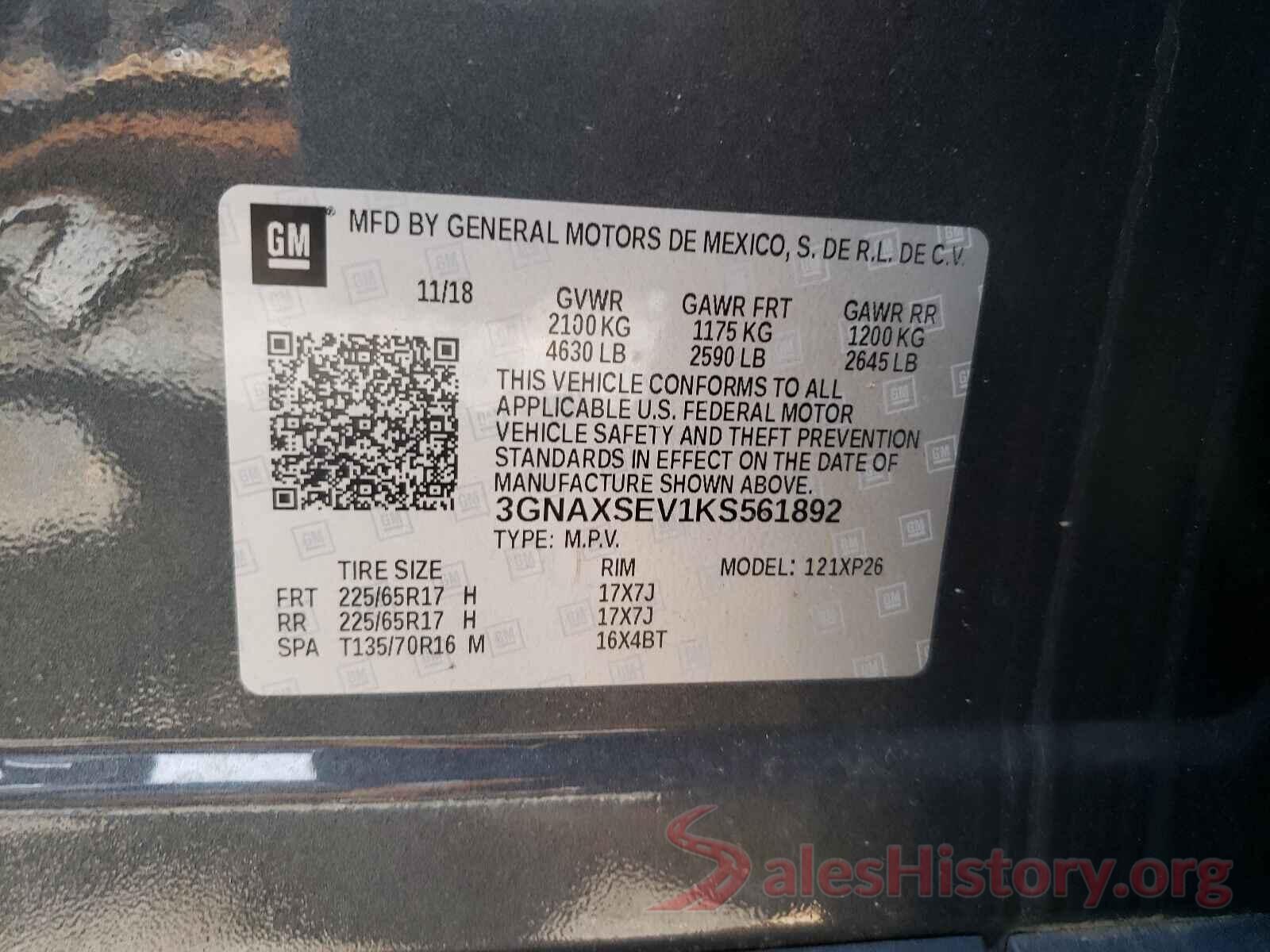 3GNAXSEV1KS561892 2019 CHEVROLET EQUINOX