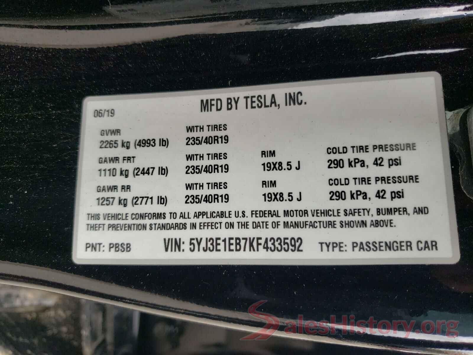 5YJ3E1EB7KF433592 2019 TESLA MODEL 3