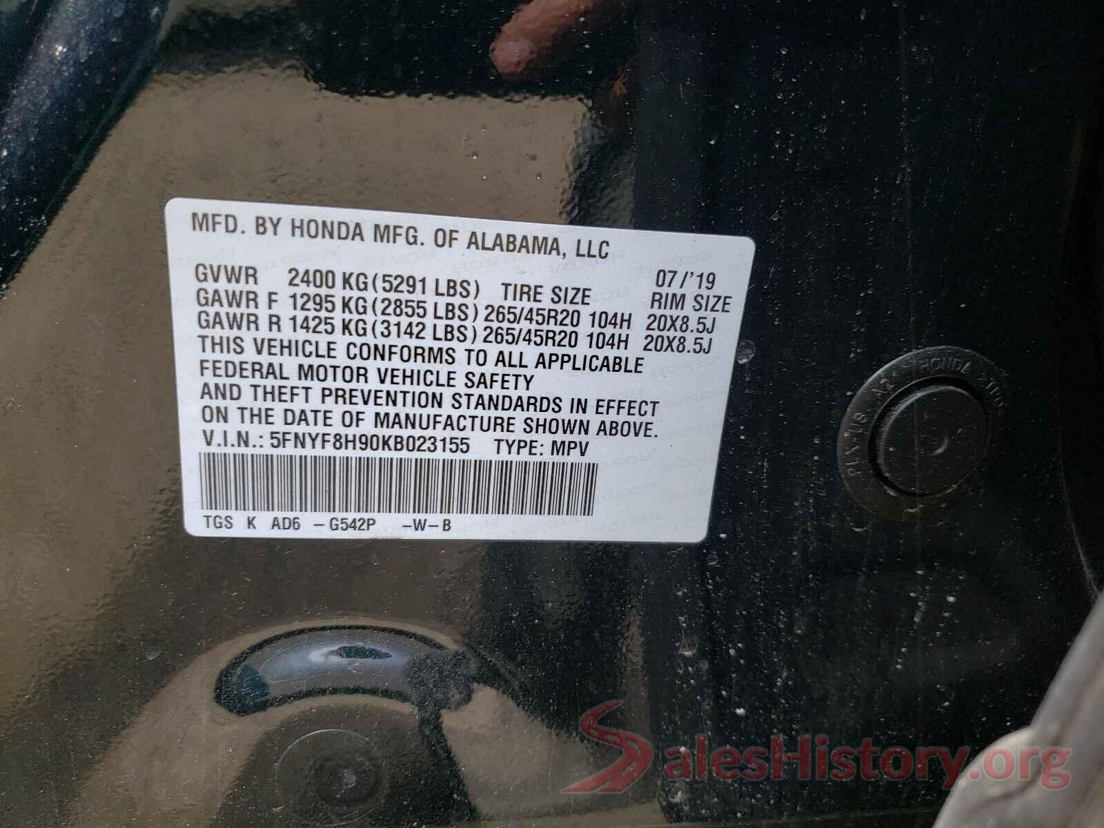 5FNYF8H90KB023155 2019 HONDA PASSPORT