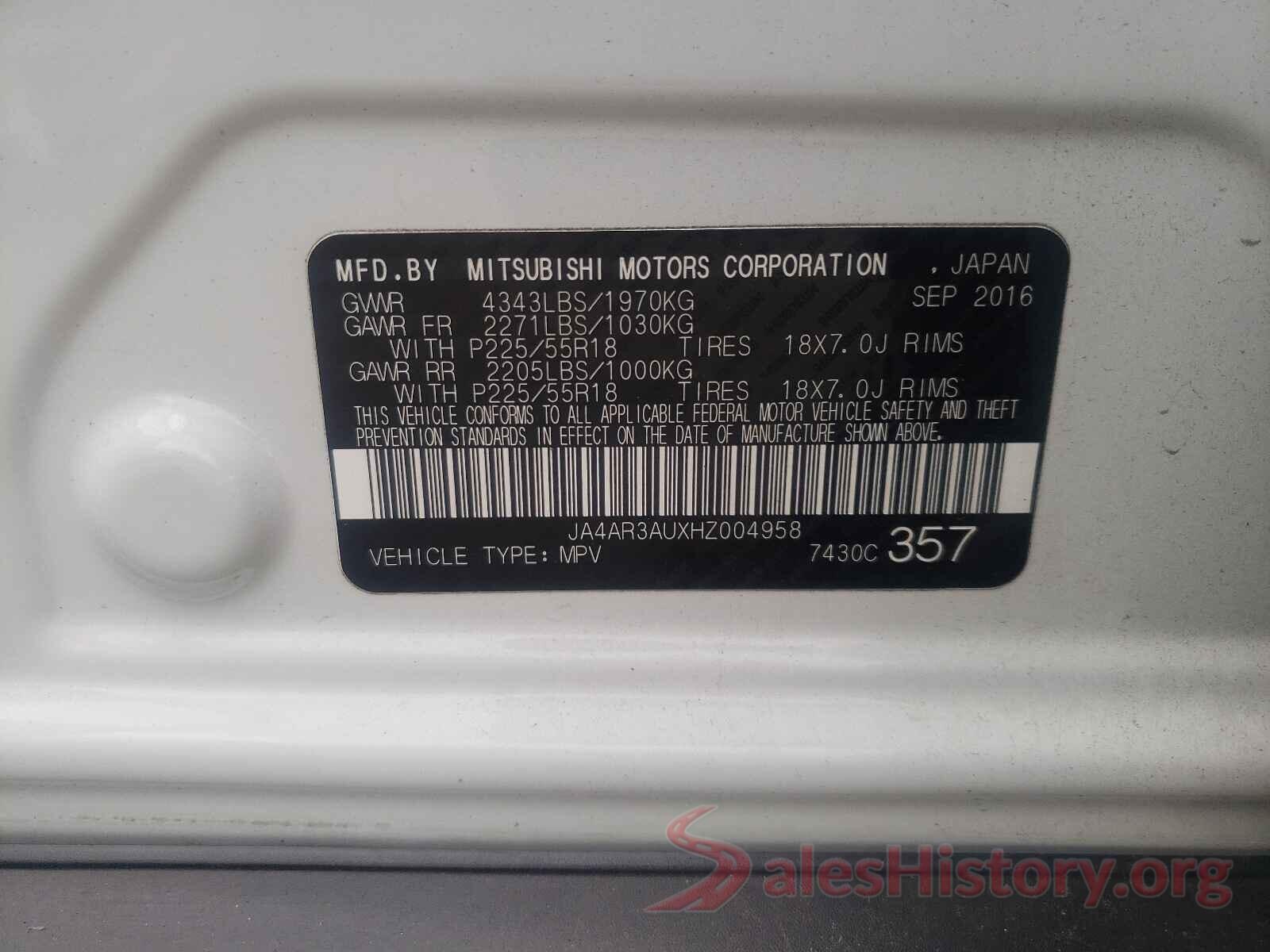 JA4AR3AUXHZ004958 2017 MITSUBISHI OUTLANDER