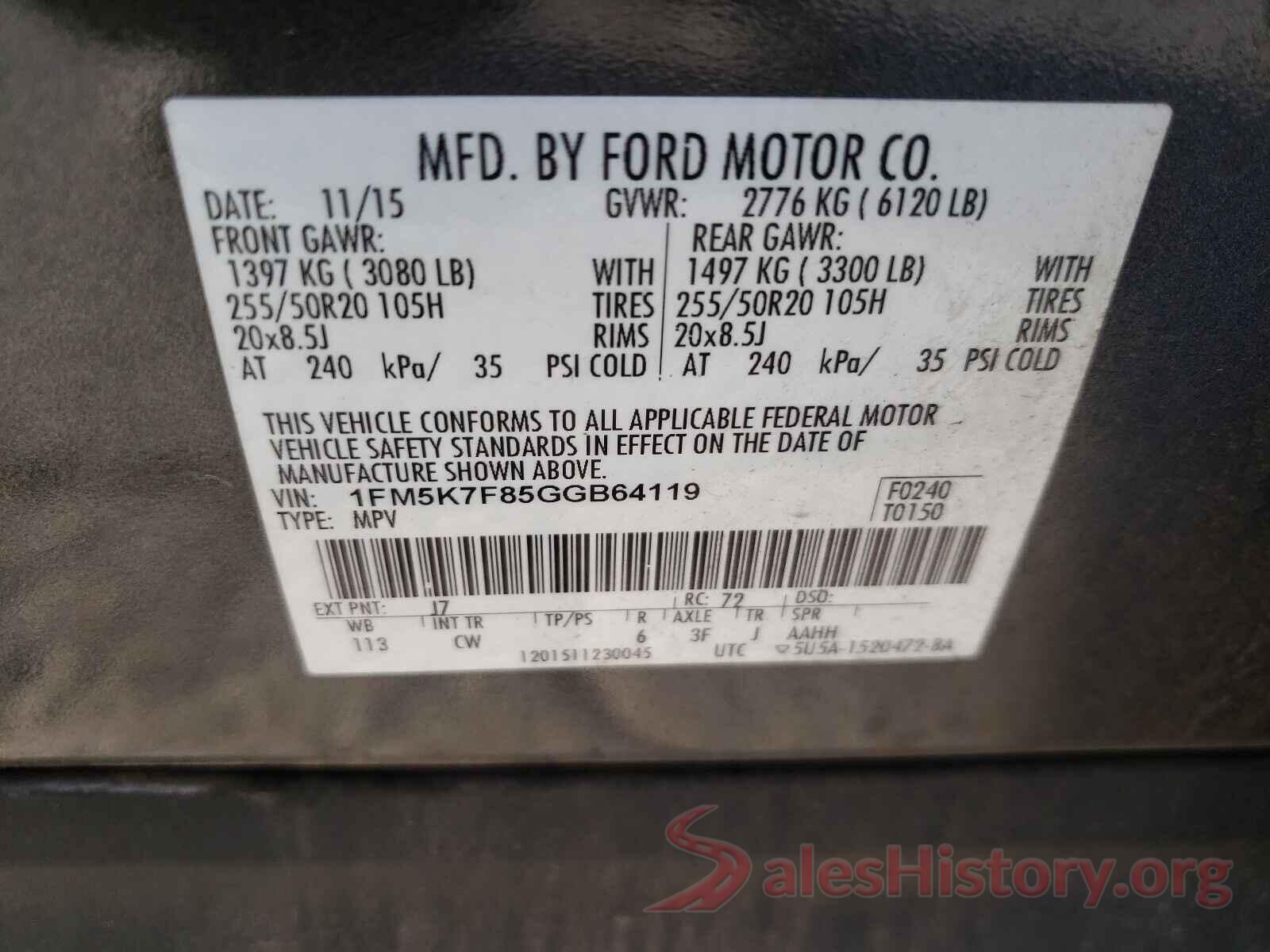 1FM5K7F85GGB64119 2016 FORD EXPLORER