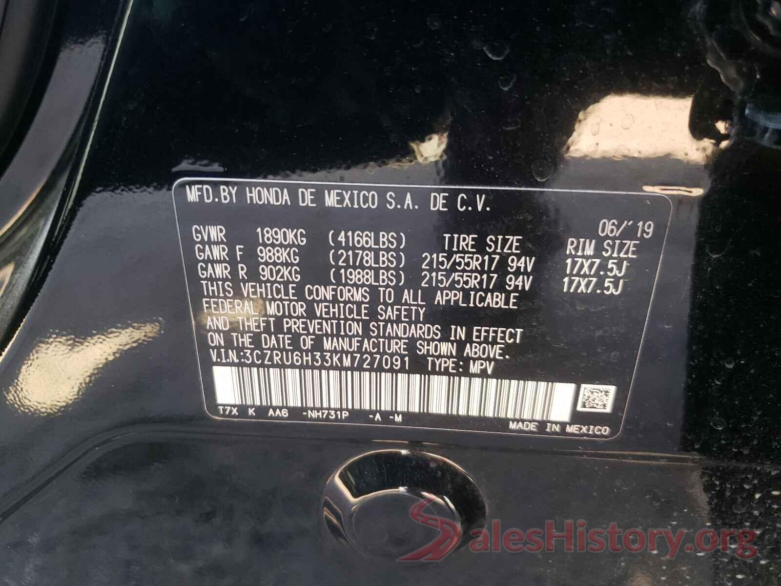 3CZRU6H33KM727091 2019 HONDA HR-V