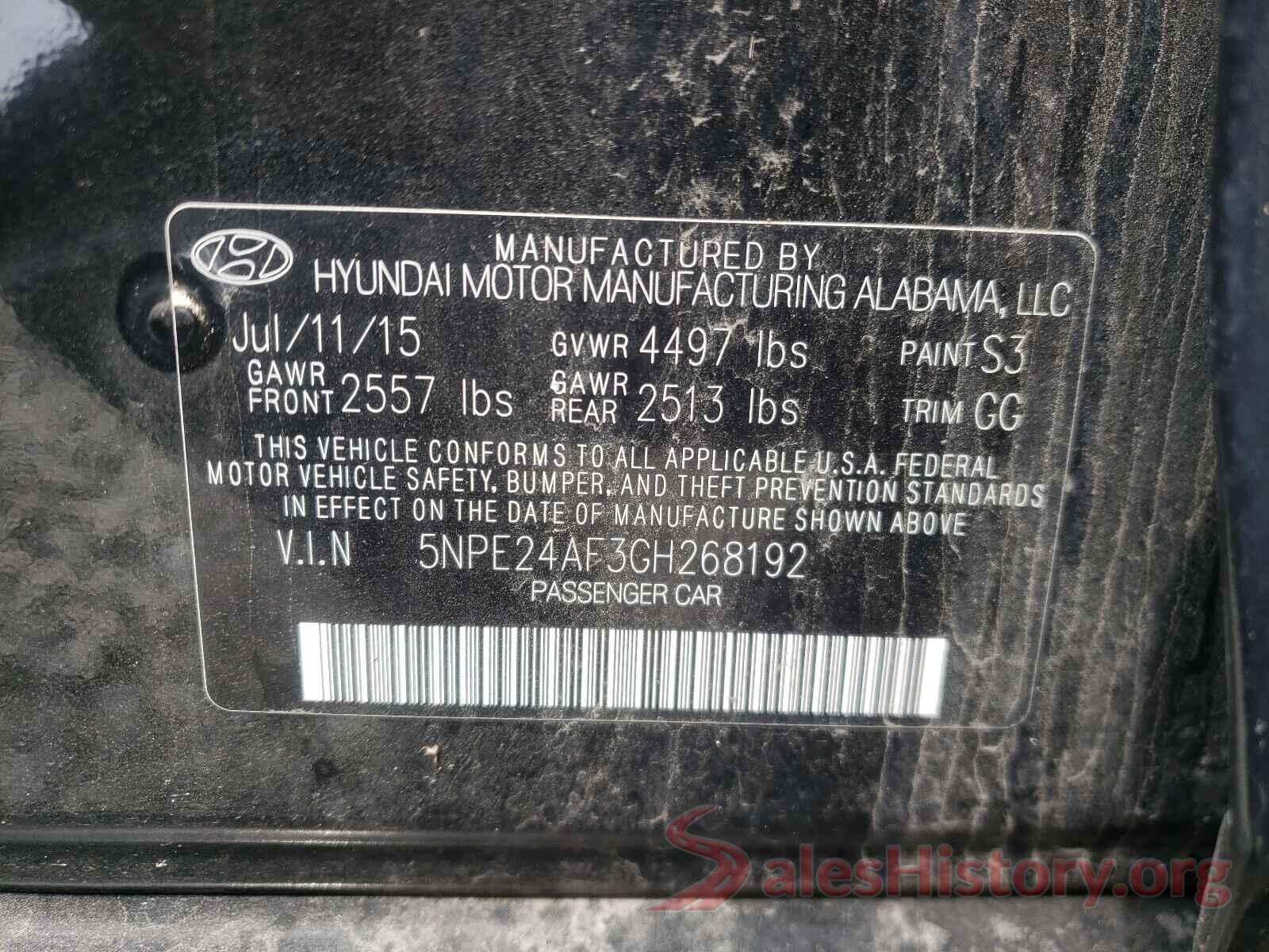 5NPE24AF3GH268192 2016 HYUNDAI SONATA