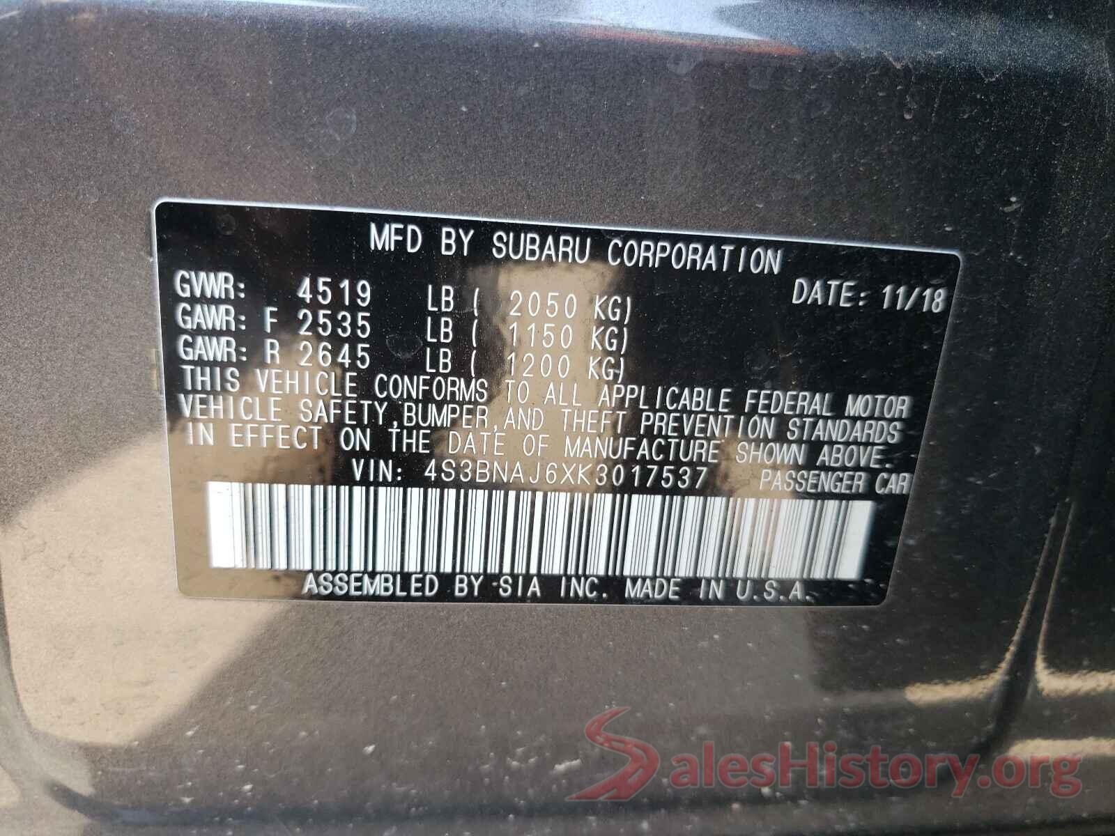 4S3BNAJ6XK3017537 2019 SUBARU LEGACY