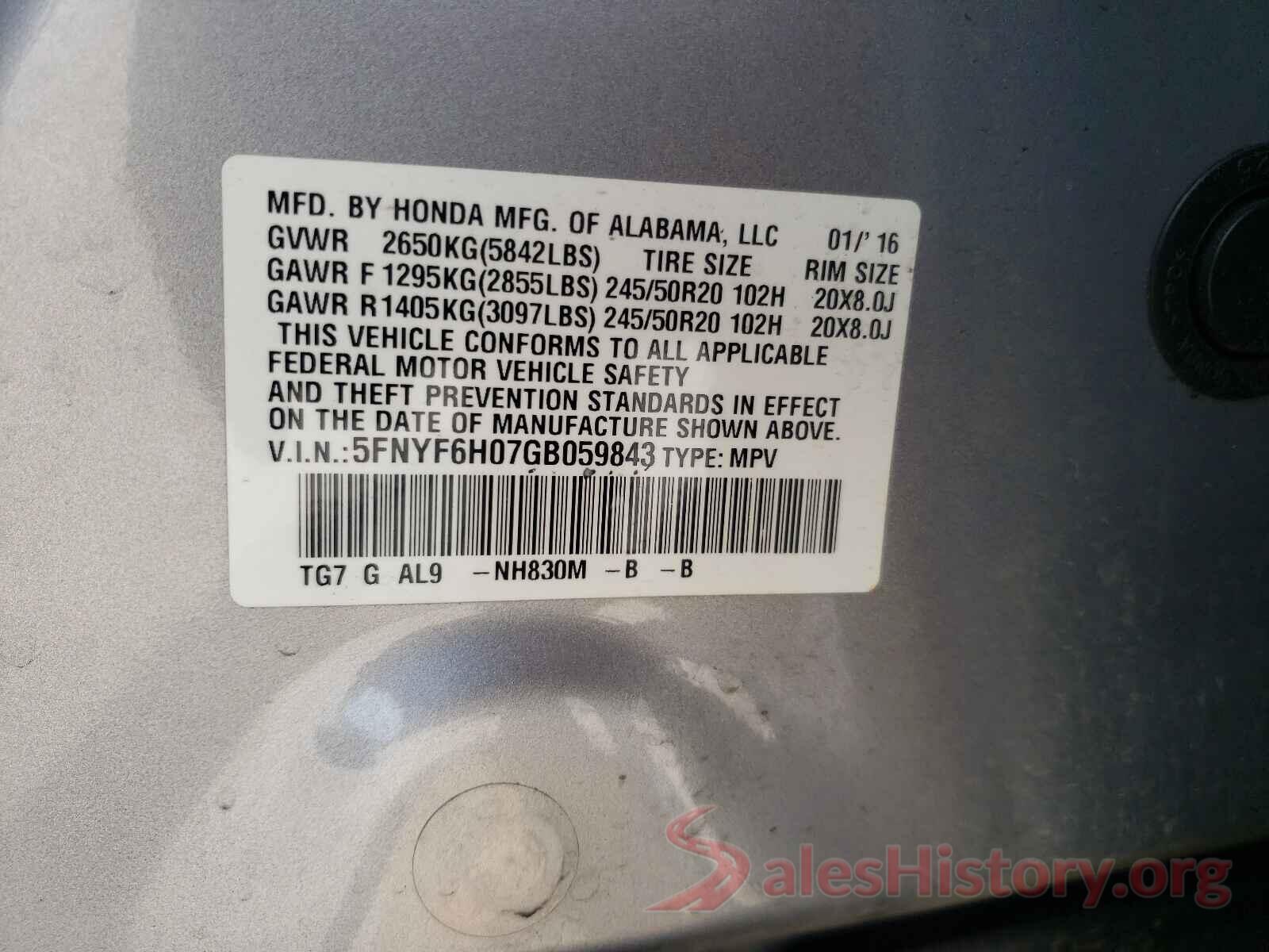 5FNYF6H07GB059843 2016 HONDA PILOT