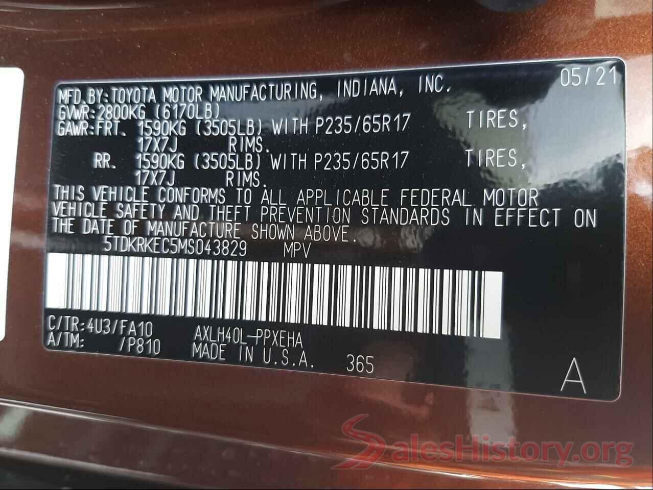 5TDKRKEC5MS043829 2021 TOYOTA SIENNA