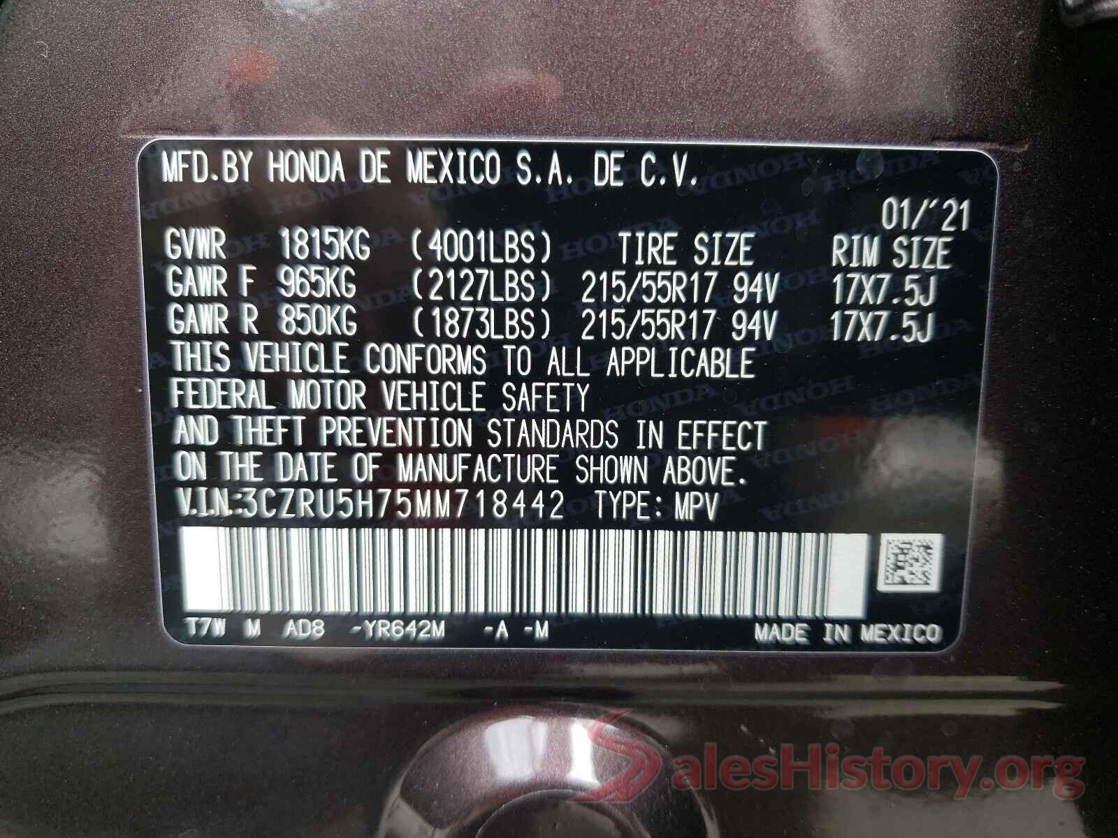 3CZRU5H75MM718442 2021 HONDA HR-V