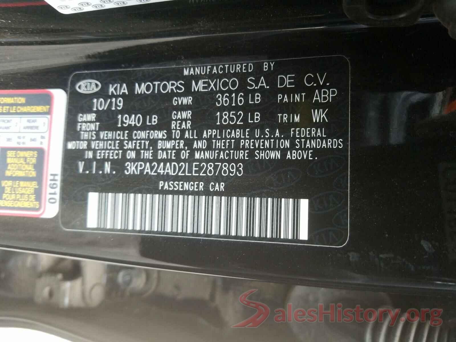 3KPA24AD2LE287893 2020 KIA RIO