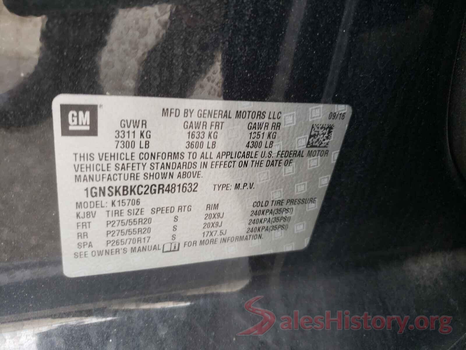 1GNSKBKC2GR481632 2016 CHEVROLET TAHOE