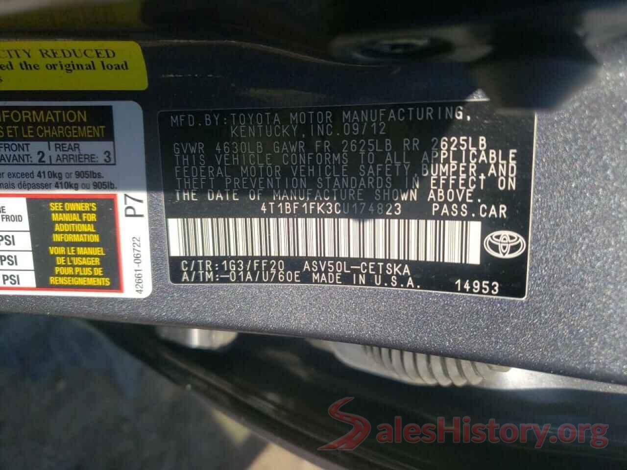 4T1BF1FK3CU174823 2012 TOYOTA CAMRY