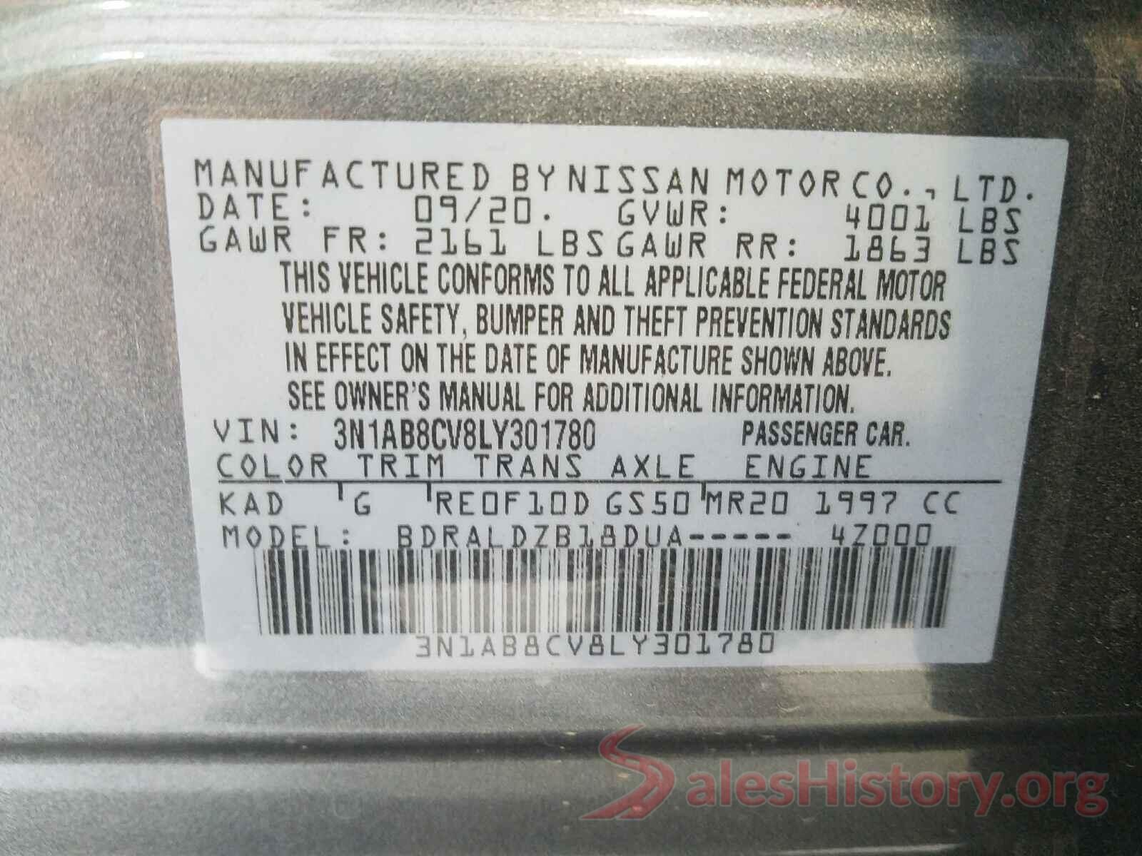 3N1AB8CV8LY301780 2020 NISSAN SENTRA