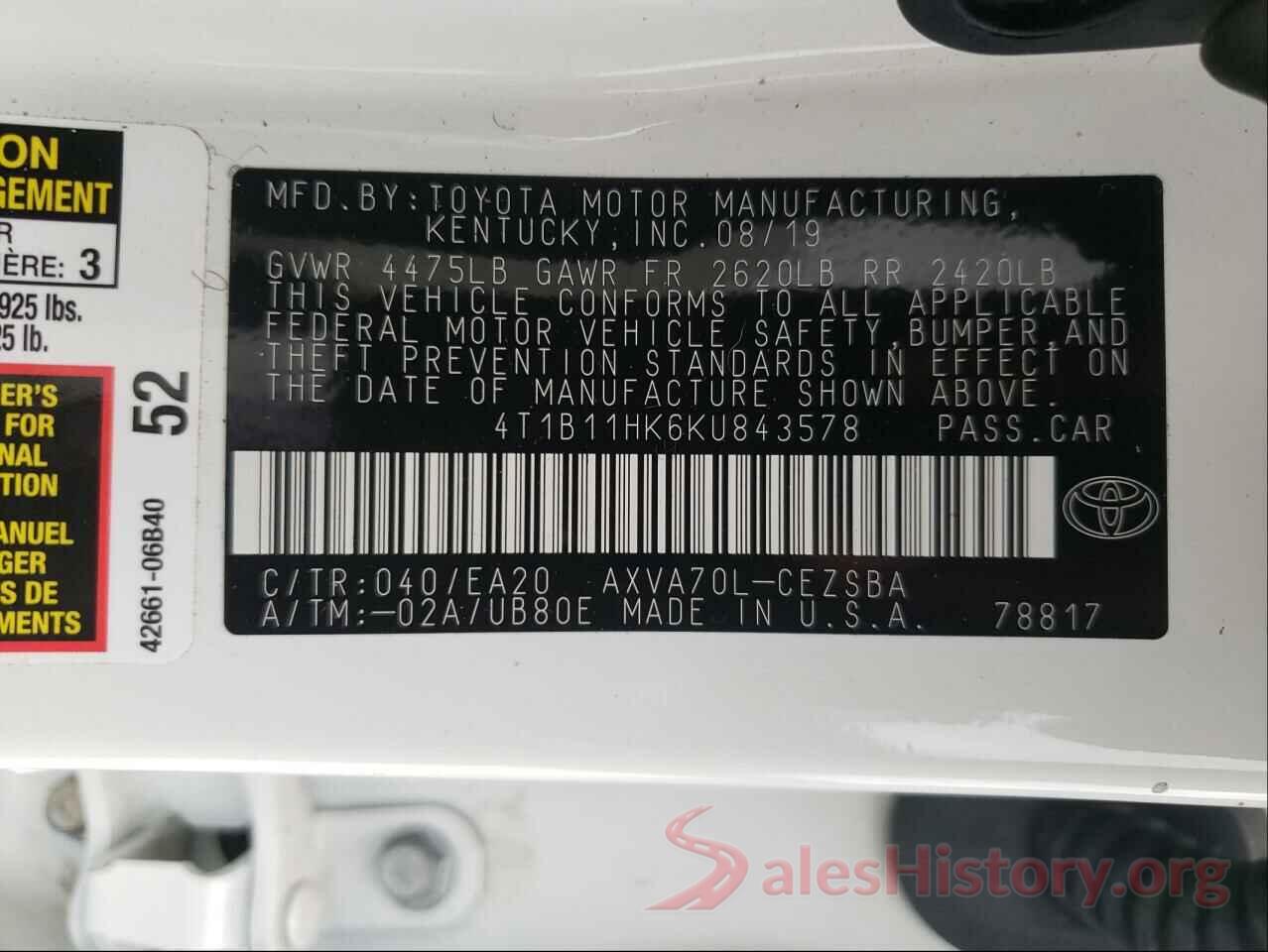 4T1B11HK6KU843578 2019 TOYOTA CAMRY