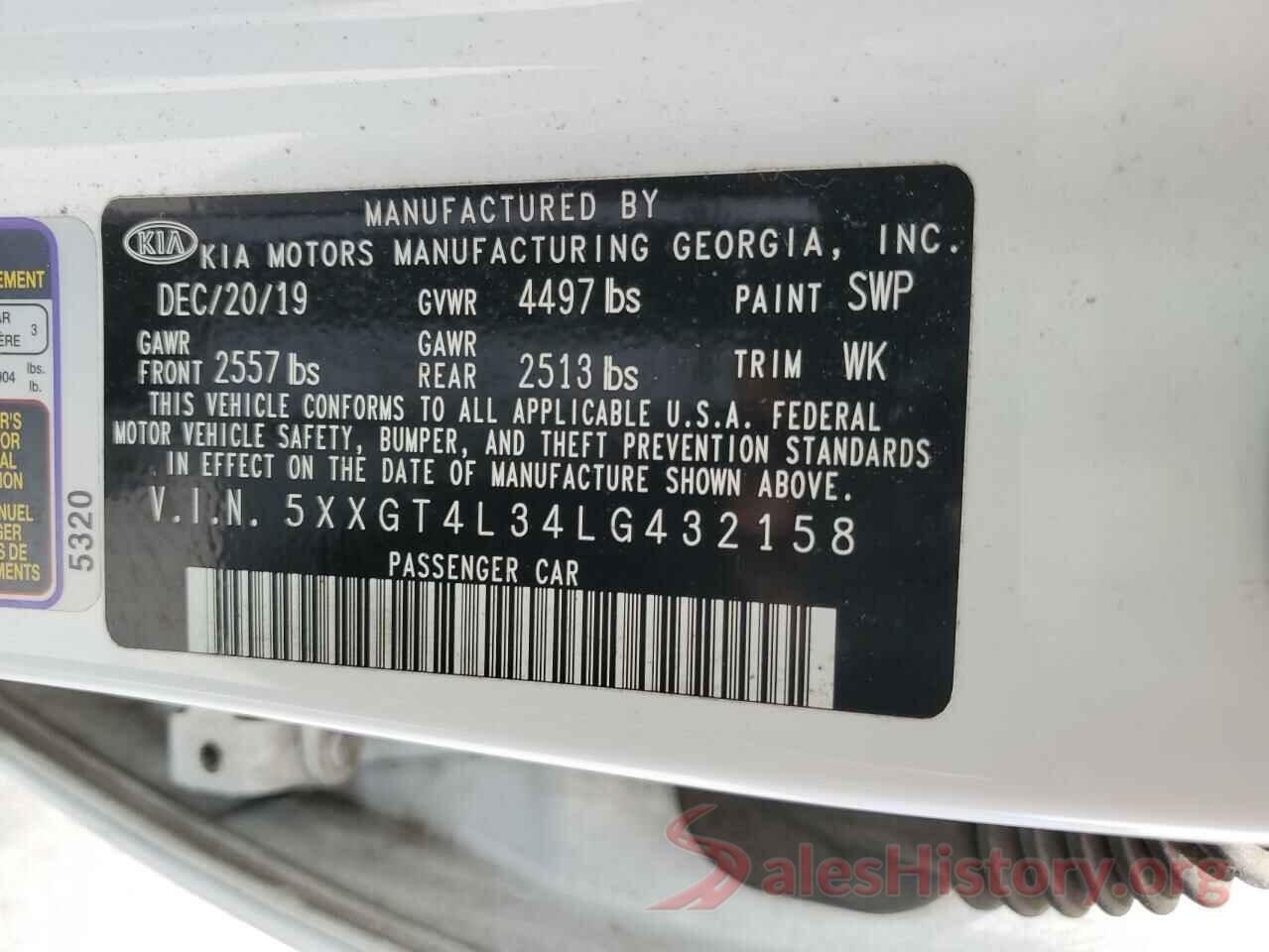 5XXGT4L34LG432158 2020 KIA OPTIMA