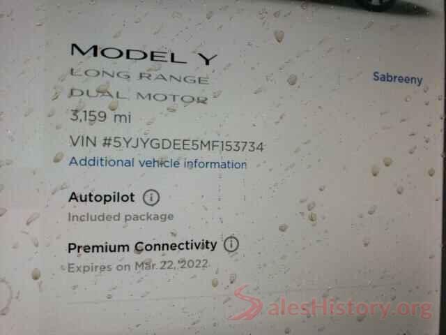 5YJYGDEE5MF153734 2021 TESLA MODEL Y