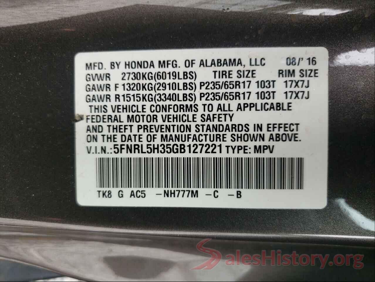 5FNRL5H35GB127221 2016 HONDA ODYSSEY