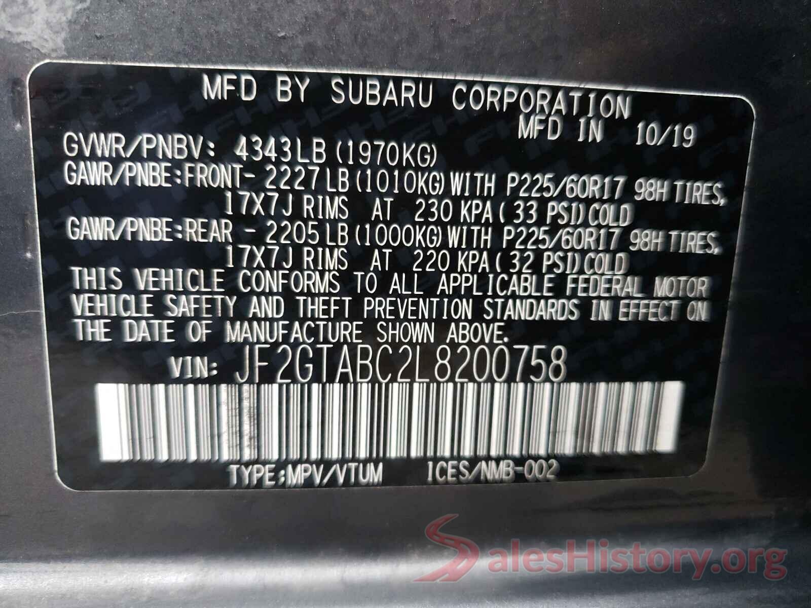 JF2GTABC2L8200758 2020 SUBARU CROSSTREK