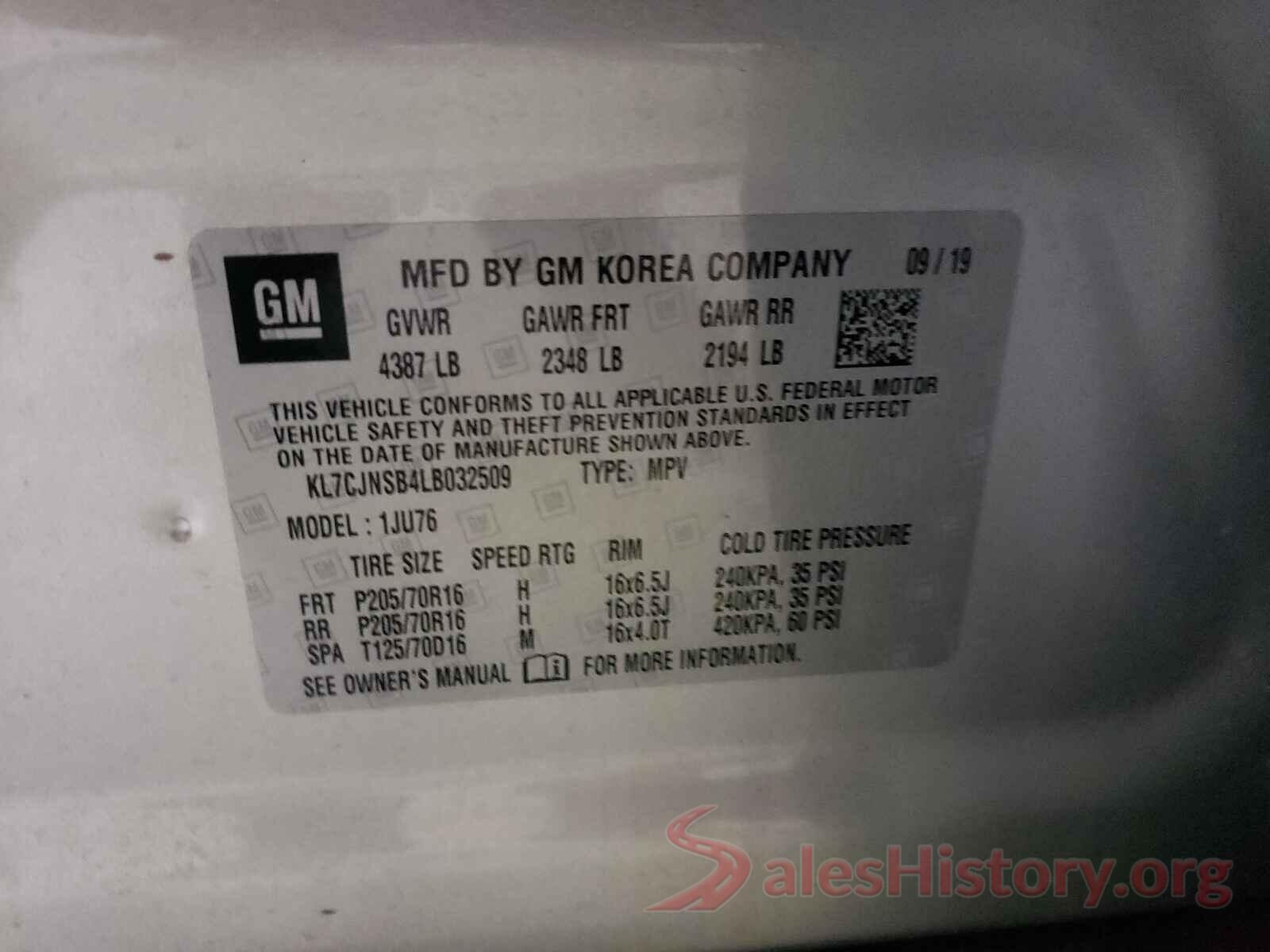 KL7CJNSB4LB032509 2020 CHEVROLET TRAX