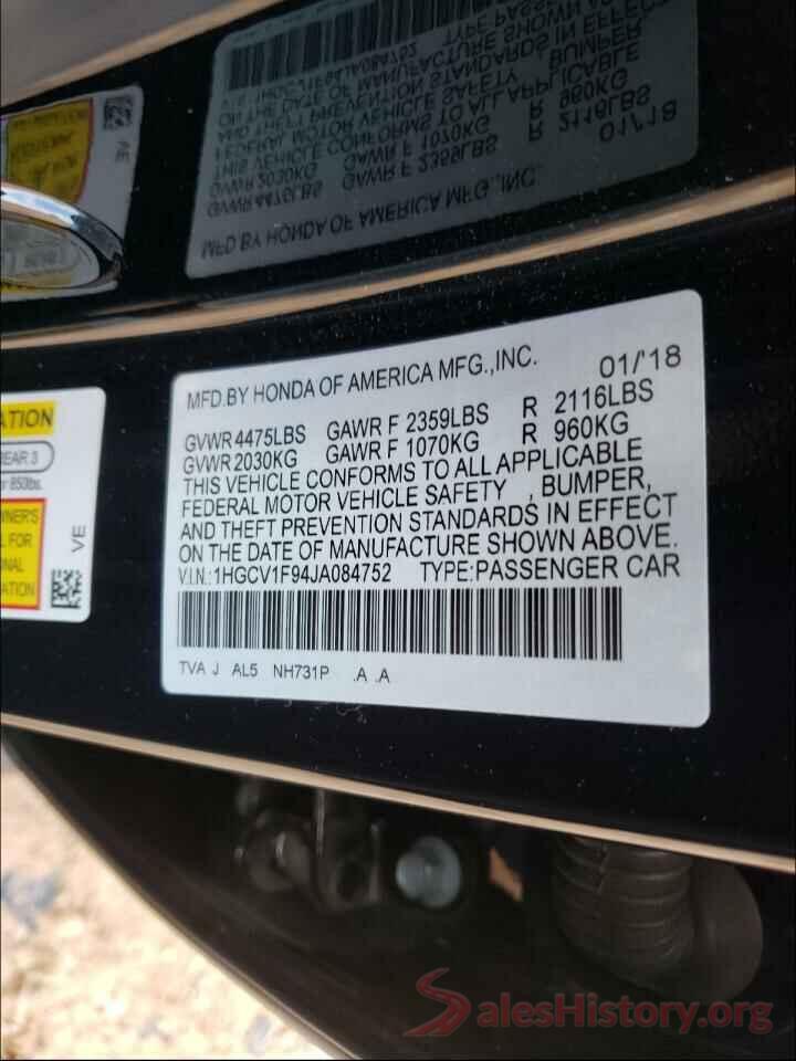 1HGCV1F94JA084752 2018 HONDA ACCORD