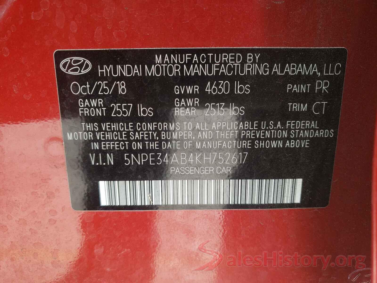 5NPE34AB4KH752617 2019 HYUNDAI SONATA