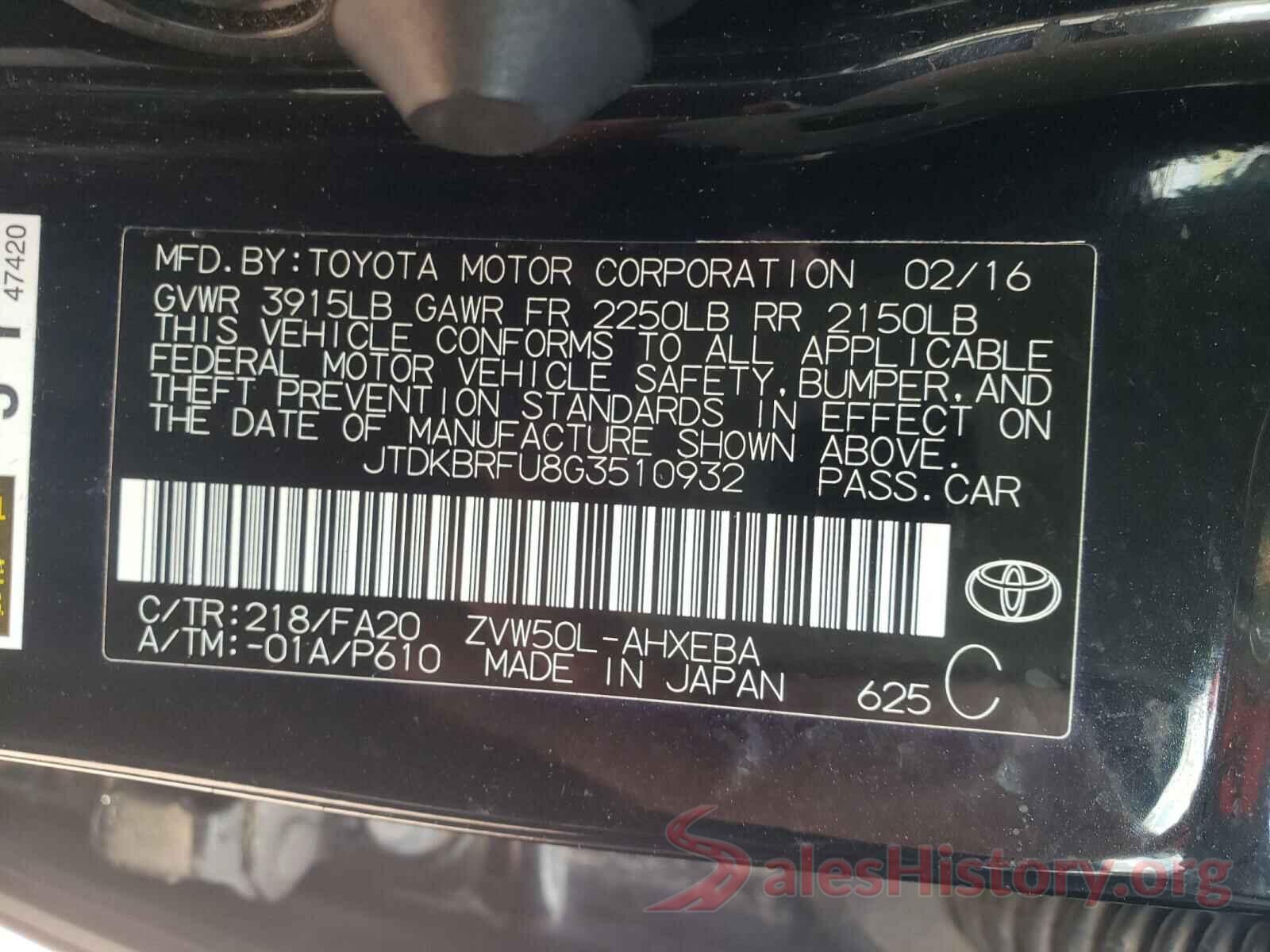 JTDKBRFU8G3510932 2016 TOYOTA PRIUS