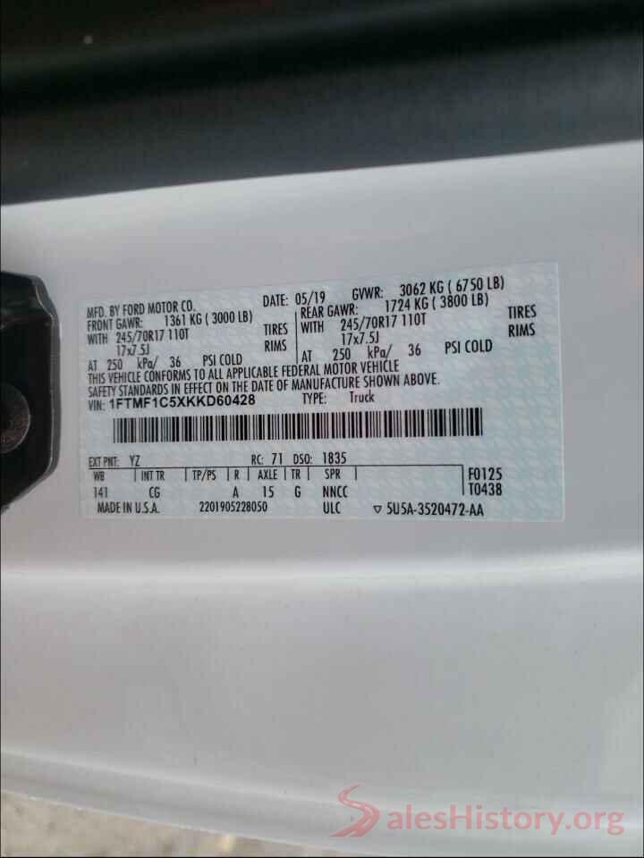 1FTMF1C5XKKD60428 2019 FORD F150