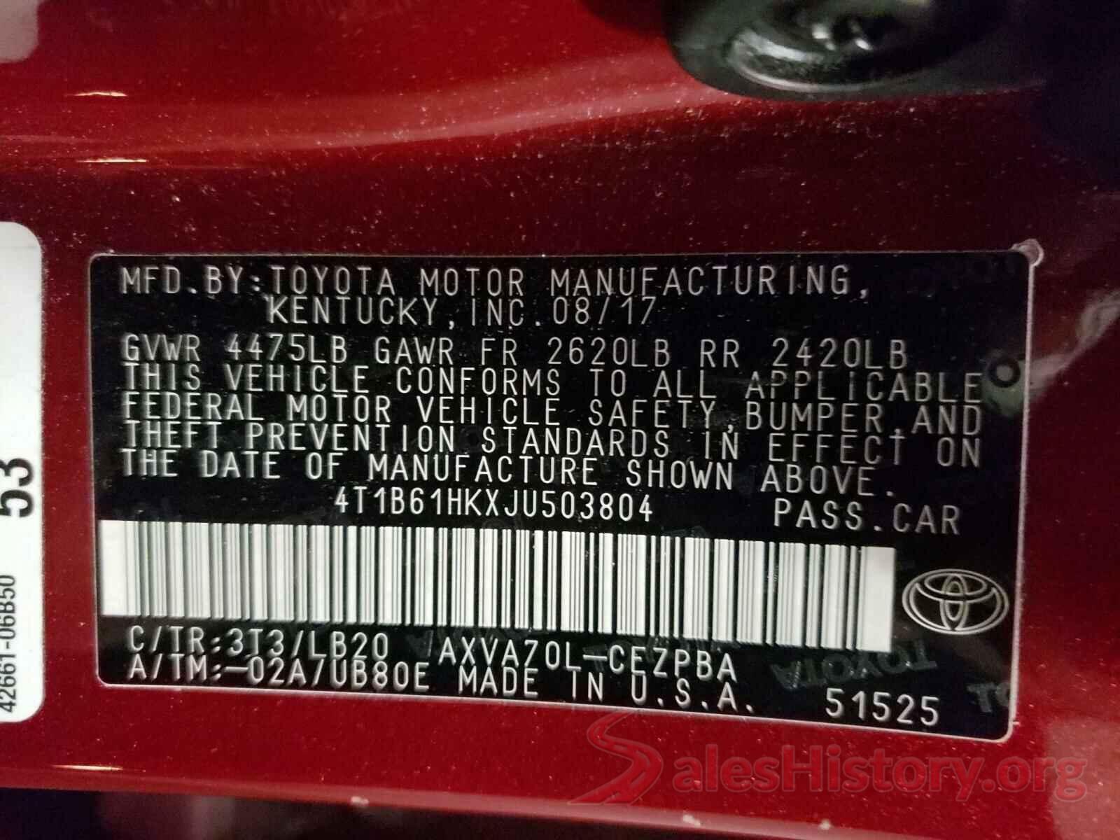 4T1B61HKXJU503804 2018 TOYOTA CAMRY