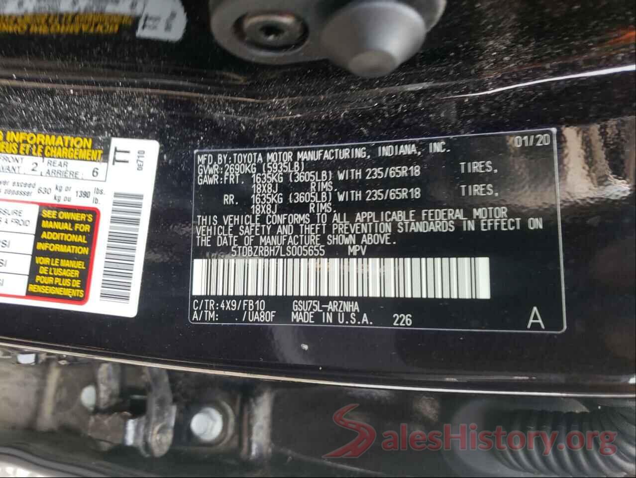 5TDBZRBH7LS005655 2020 TOYOTA HIGHLANDER