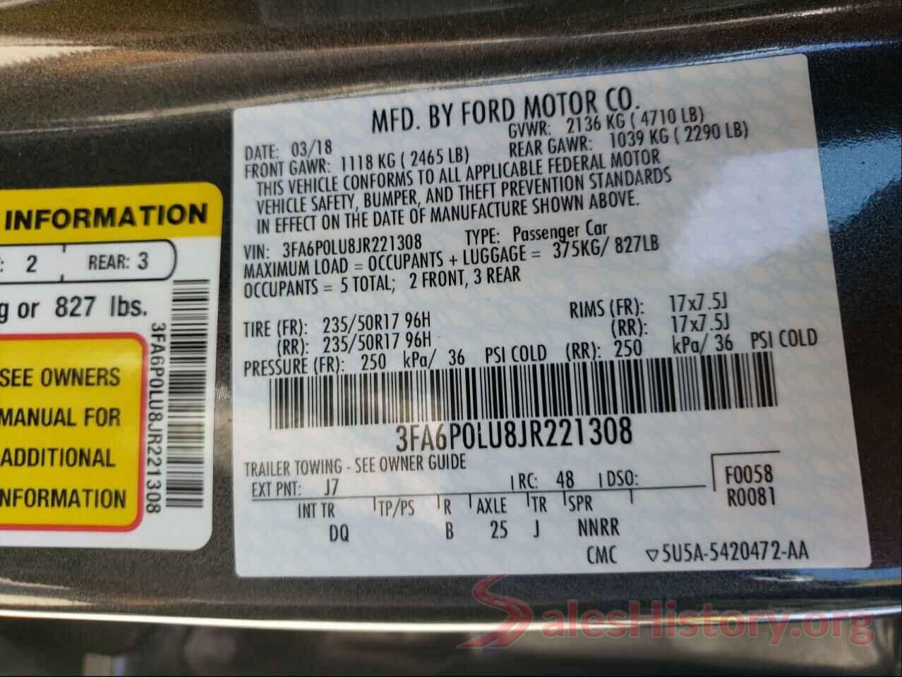 3FA6P0LU8JR221308 2018 FORD FUSION