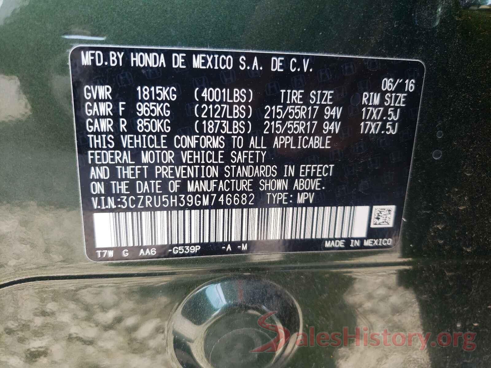 3CZRU5H39GM746682 2016 HONDA HR-V