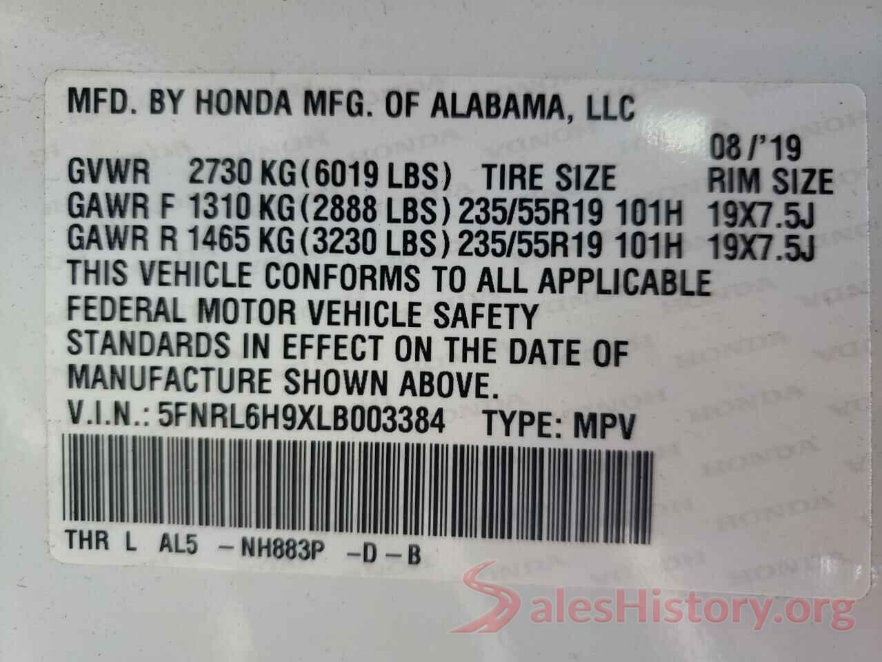 5FNRL6H9XLB003384 2020 HONDA ODYSSEY