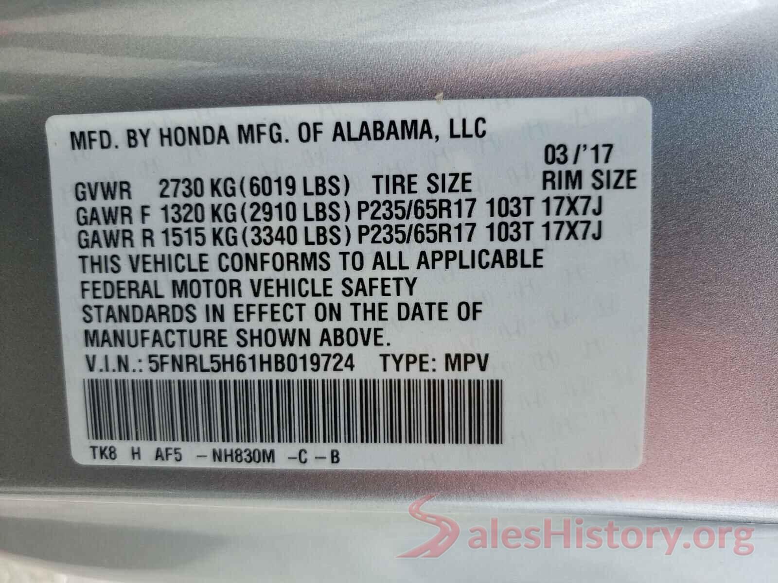 5FNRL5H61HB019724 2017 HONDA ODYSSEY