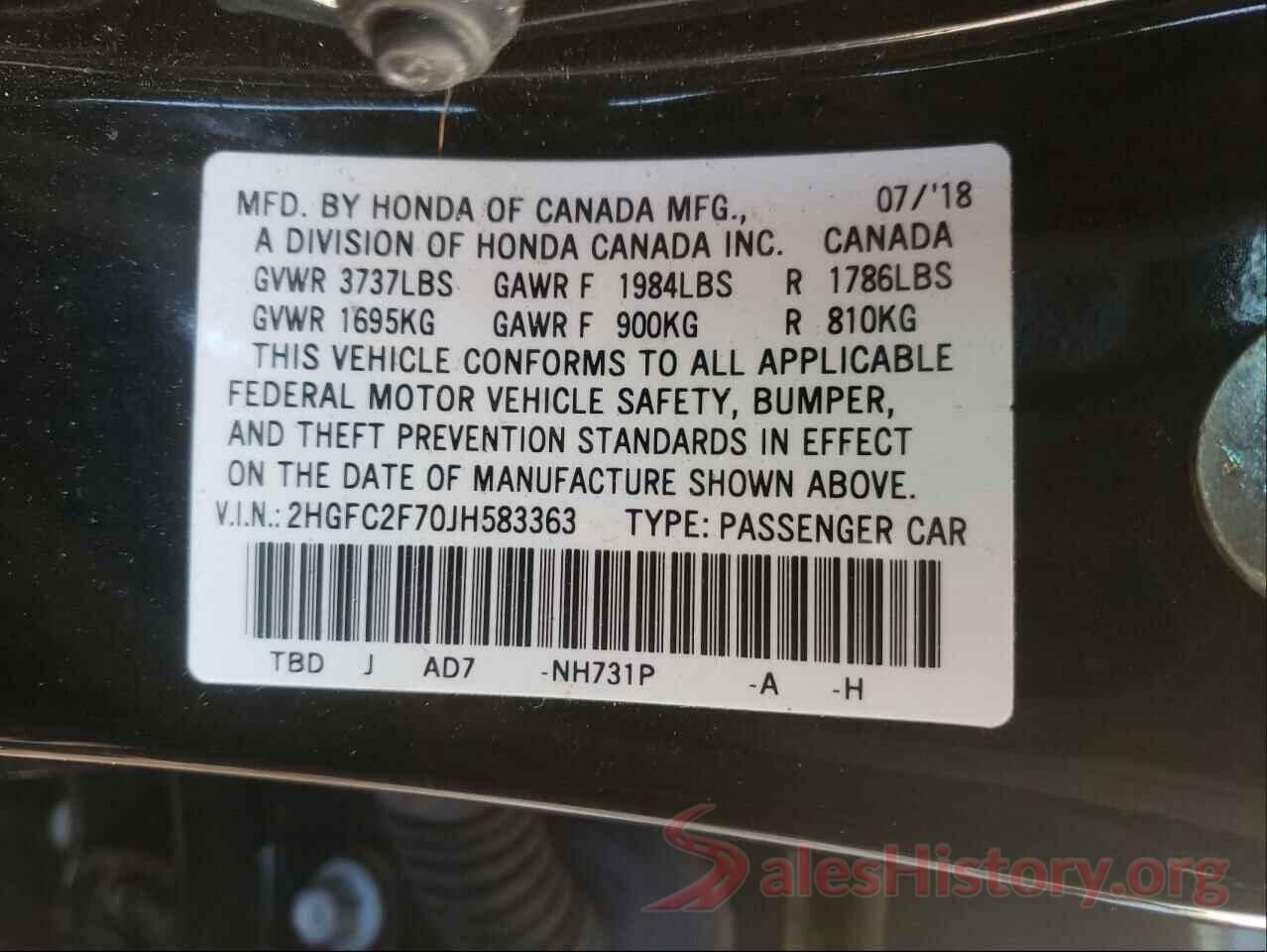 2HGFC2F70JH583363 2018 HONDA CIVIC