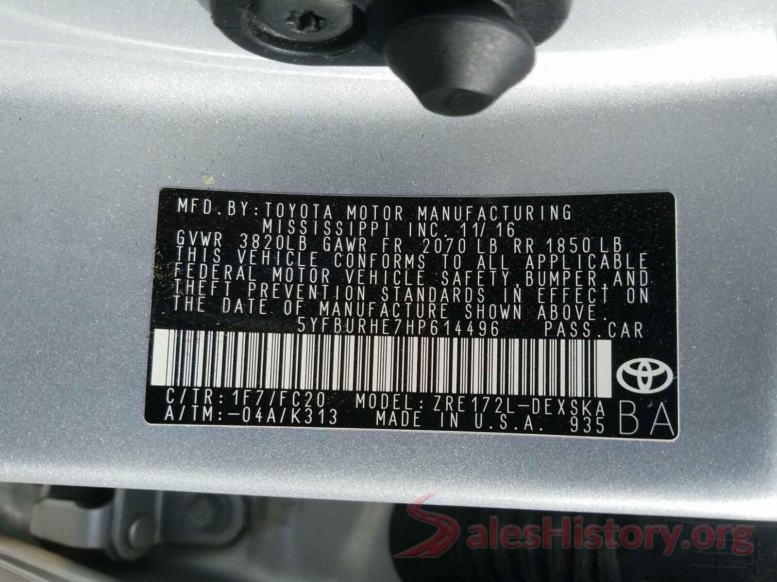 5YFBURHE7HP614496 2017 TOYOTA COROLLA