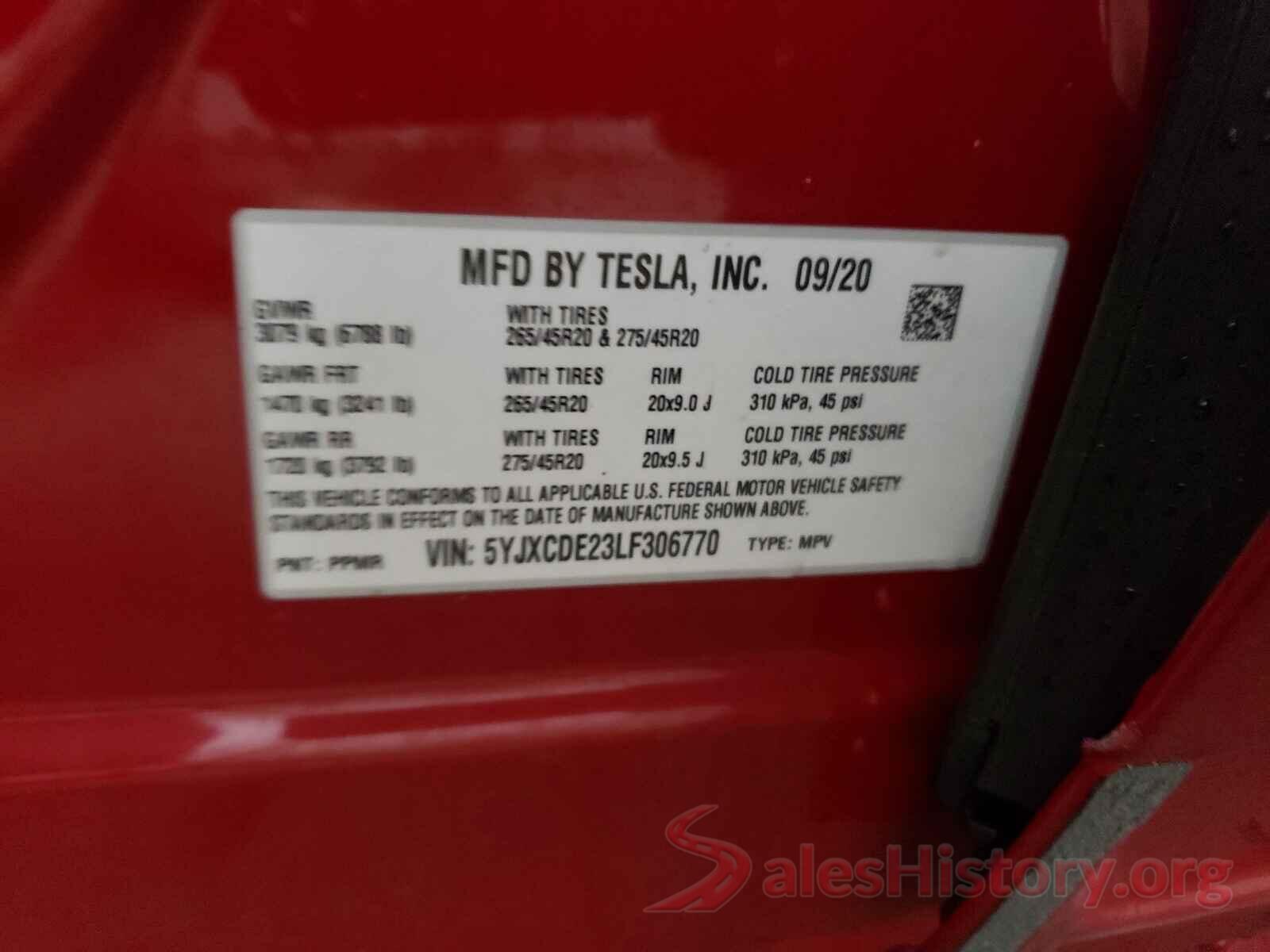 5YJXCDE23LF306770 2020 TESLA MODEL X