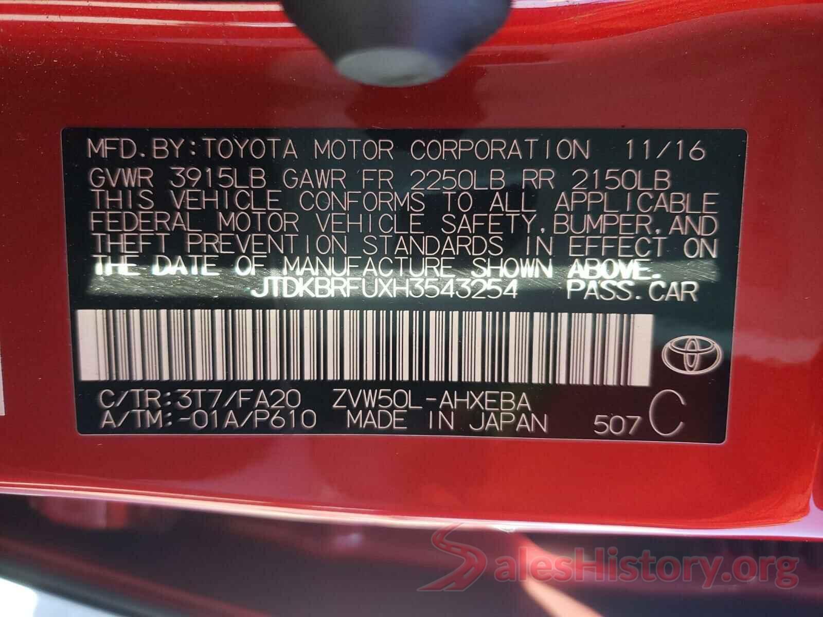 JTDKBRFUXH3543254 2017 TOYOTA PRIUS