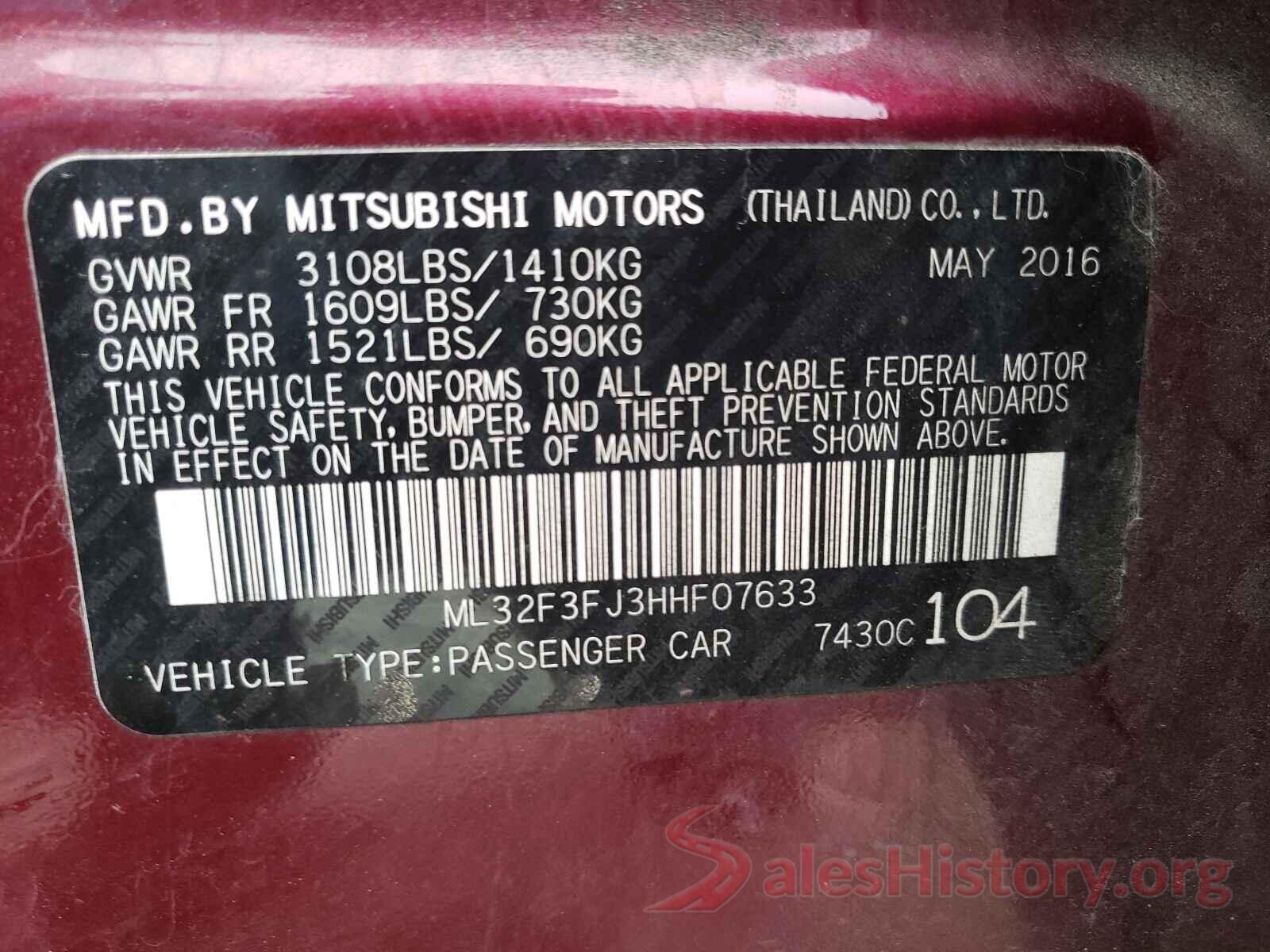 ML32F3FJ3HHF07633 2017 MITSUBISHI MIRAGE