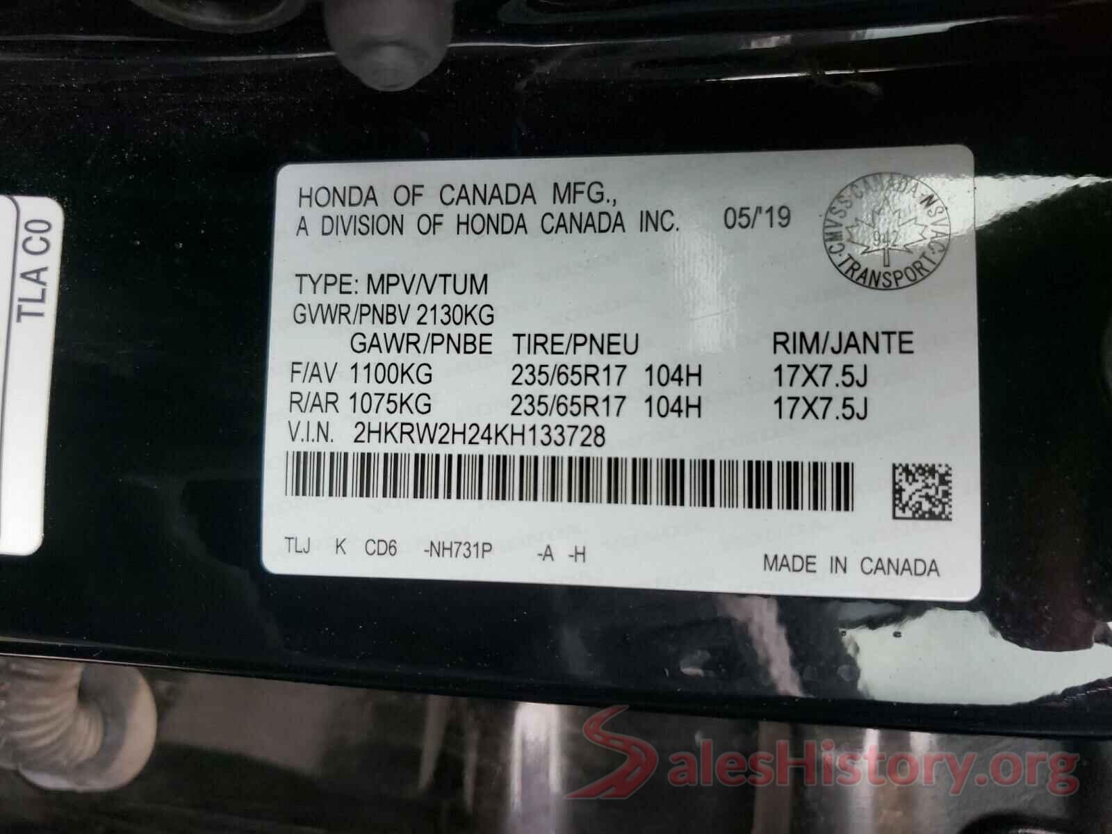 2HKRW2H24KH133728 2019 HONDA CRV